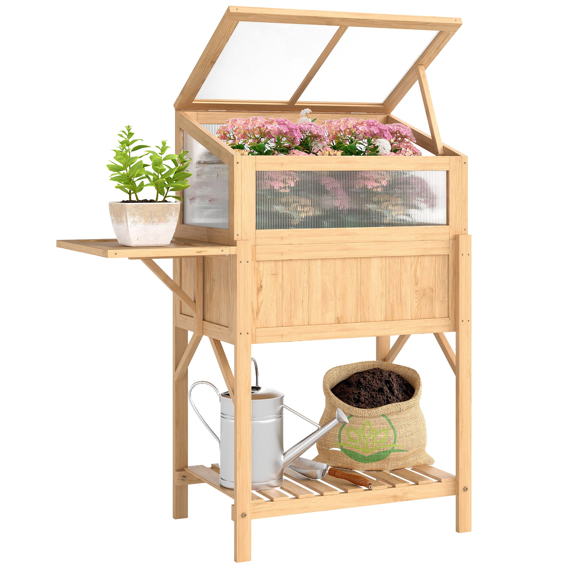 Outsunny erhiewte Planzkëscht mat Kalthaus — erhiewte Planter aus Kiefernholz mat umklappbarem Seitendësch & Ënnersregal fir Geméis, Blummen a Kraider, 104 x 50 x 120 cm — natierlech