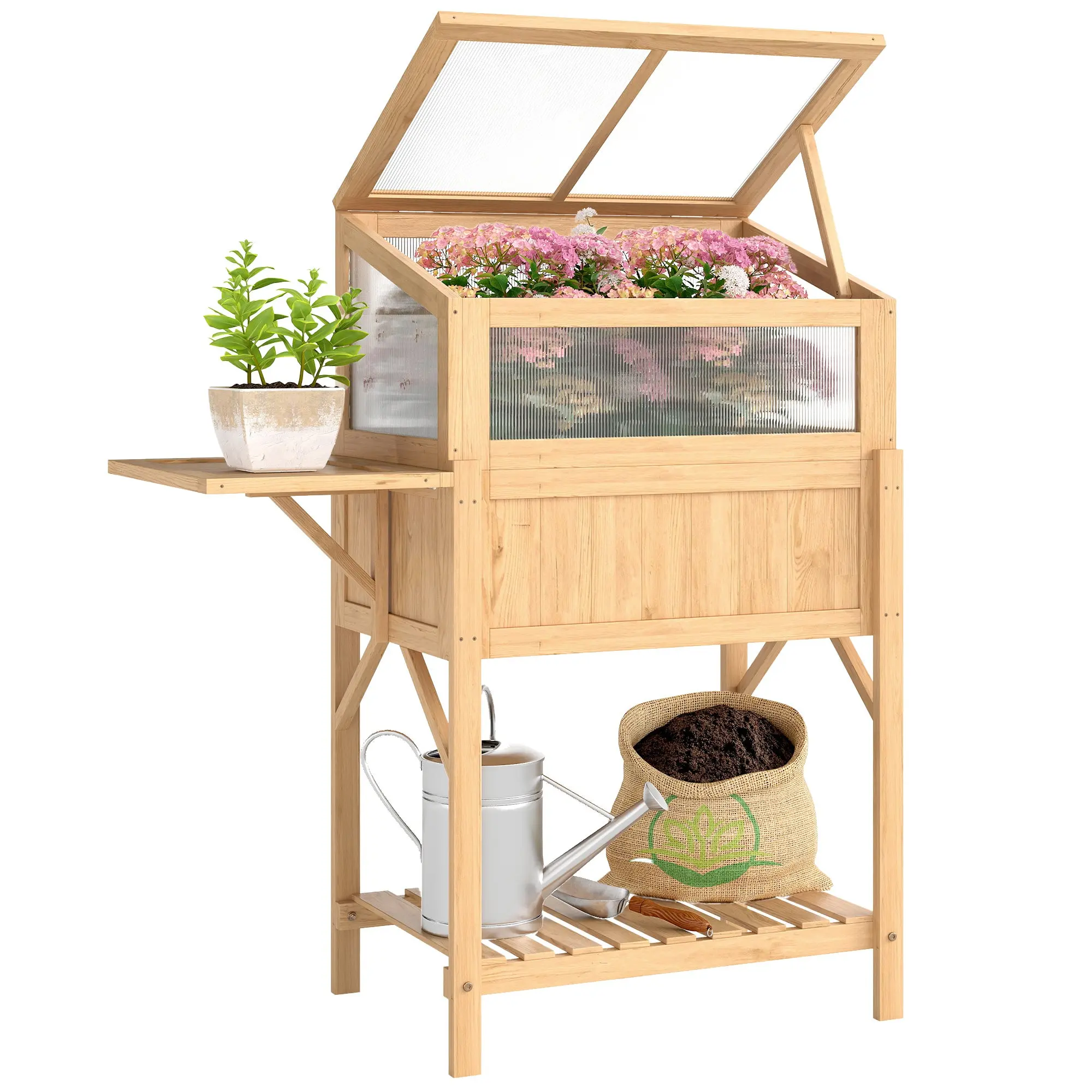 Raised Garden Bed with Cold Frame — Elevated Pine Wood Planter with Foldable Side Table & Storage Shelf for Vegetables, Flowers, Herbs, 104 x 50 x 120 cm (41 x 19.7 x 47.2 in) — Natural