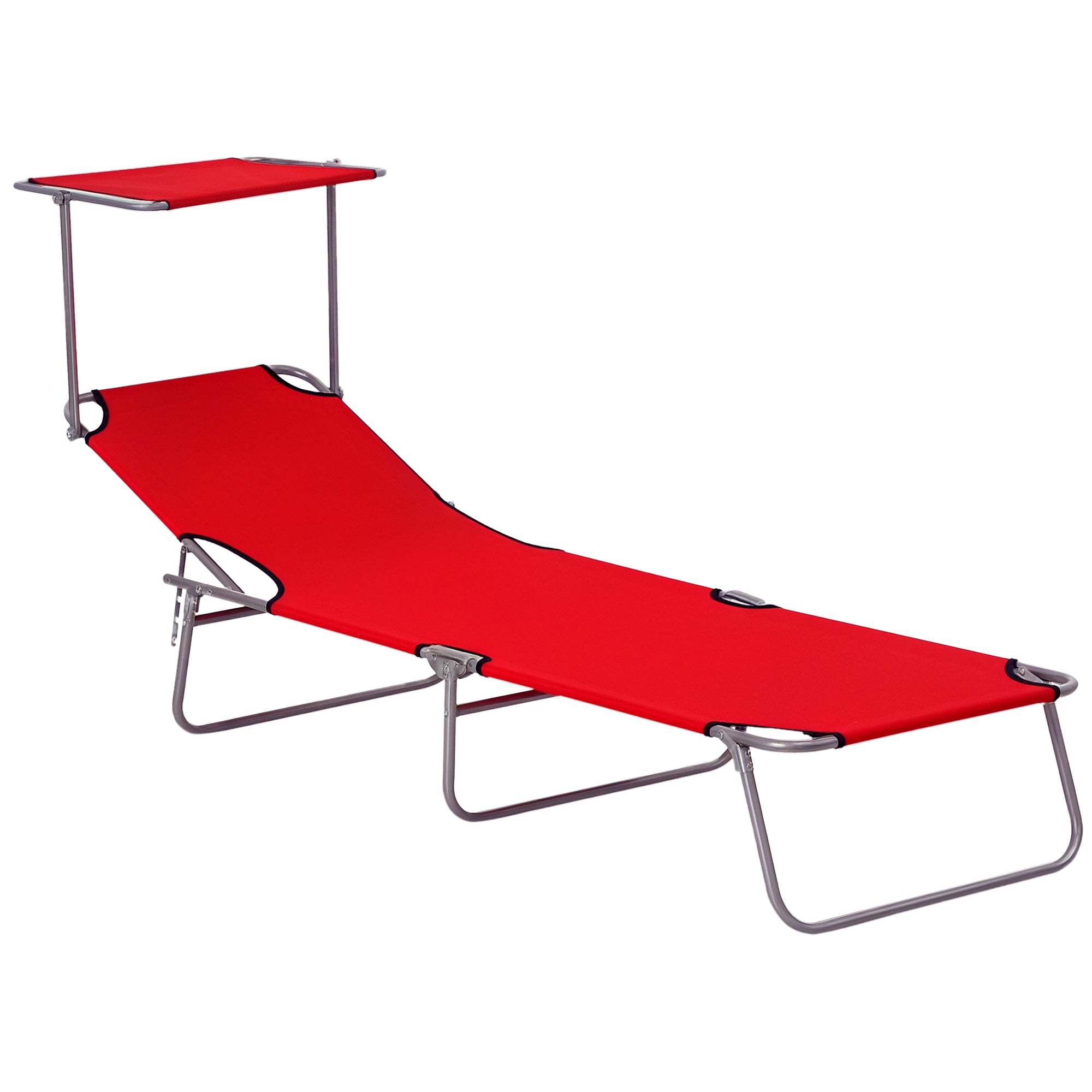 Folding Sun Lounger Garden Lounger with Canopy, Lounger with 4-Position Adjustable Backrest, Weatherproof Camping Lounger up to 120 kg Load Capacity, for Garden Beach Pool, Red