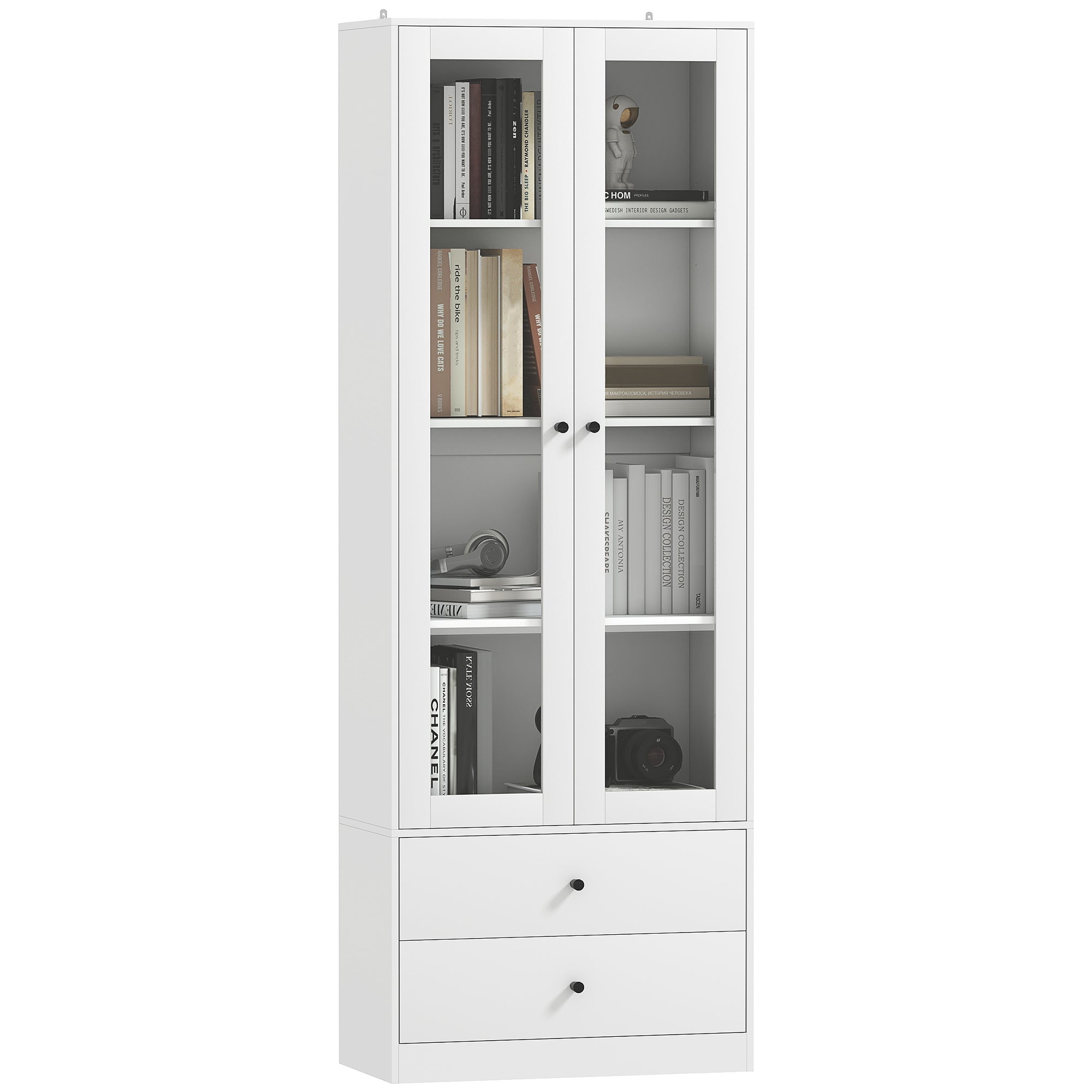 Multi-Purpose Kitchen Sideboard with Cabinet and 2 Drawers, Living Room and Lounge Furniture with Soft-Close Glass Doors and Adjustable Shelves, 59x30x164 cm, White