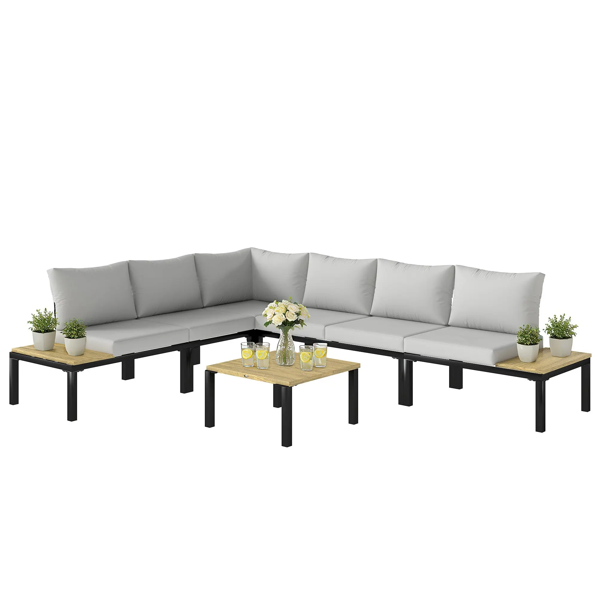 6-Piece Modular Outdoor Sofa Set – Convertible to Daybed – Modern Patio Lounge with Coffee Table & Side Trays, Anthracite Gray