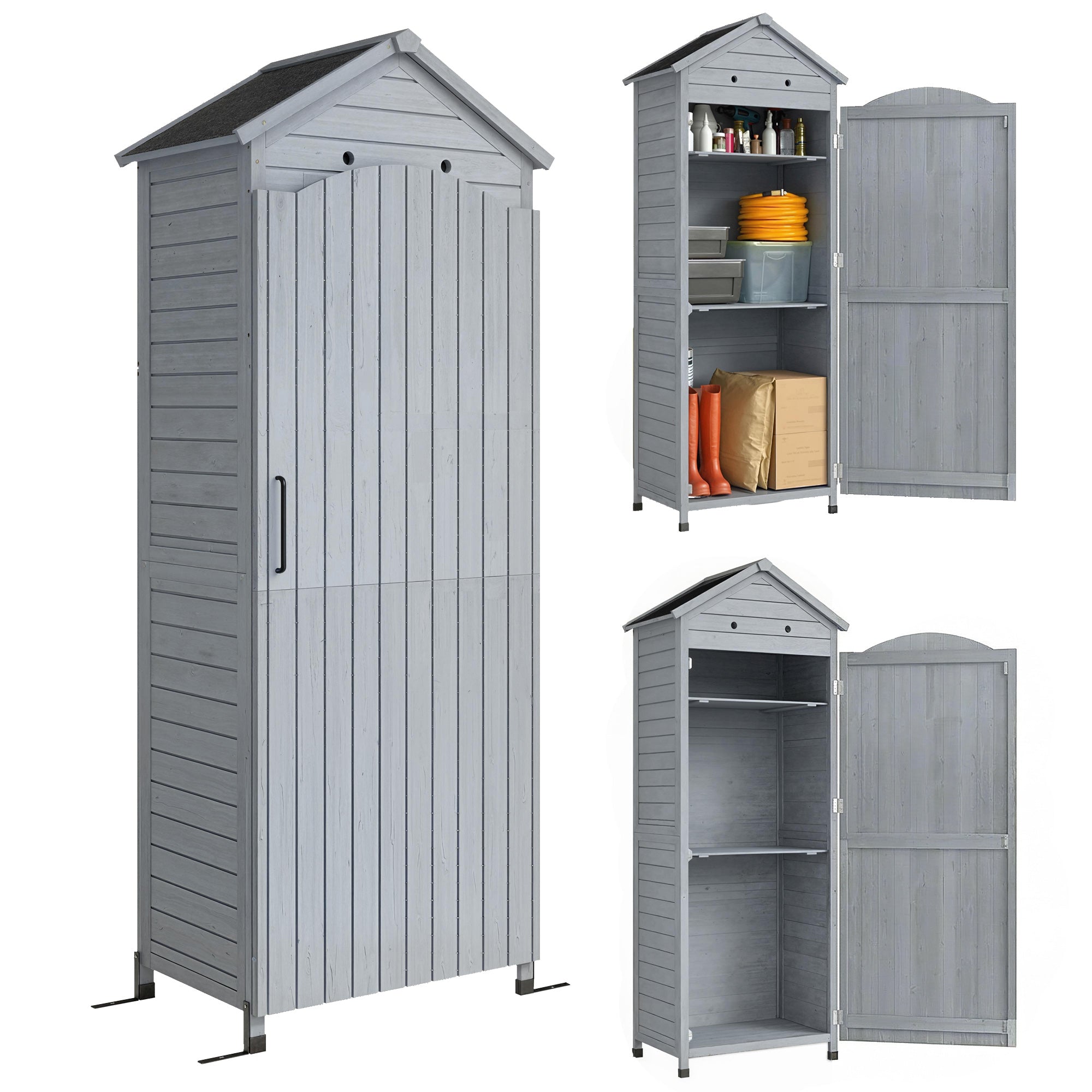 Abri de jardin en bois extra-haut Outsunny avec étagères réglables, porte magnétique, toit galvanisé, ventilation et kit anti-basculement, 85 x 58 x 213 cm (33,5 x 22,8 x 84,0 pouces) – Gris