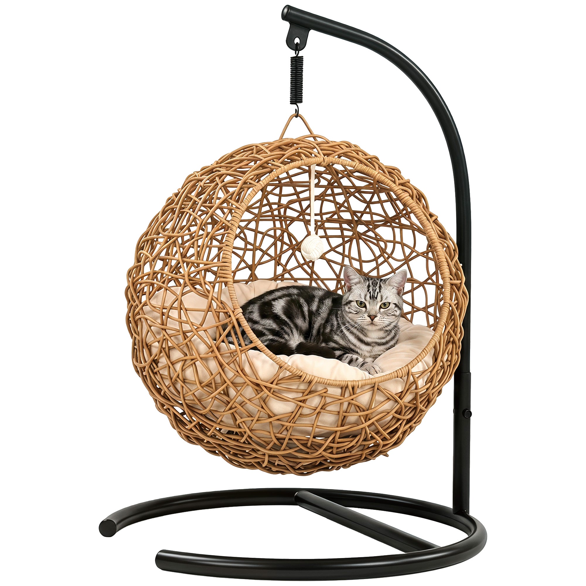 PawHut flettet kattekurv — hævet rattan kattehus med vaskbar pude og legetøjsbold, indendørs hule, 45 x 41 x 75 cm, Lysebrun