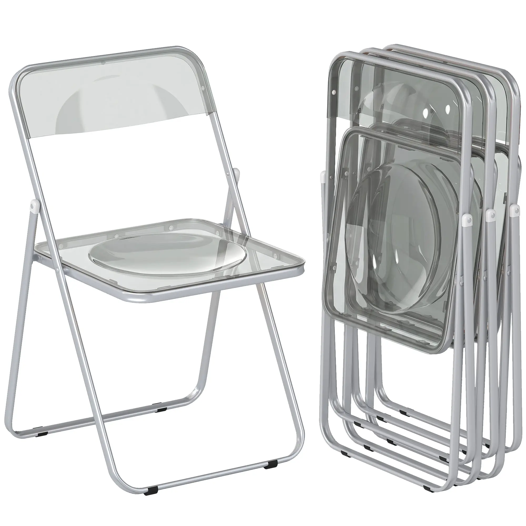 Set of 4 Acrylic Folding Chairs — Space-Saving Indoor Folding Chairs with Steel Frame, Portable for Home, Office, Kitchen, Events, 18.5 x 18.9 x 29.5 in, Gray