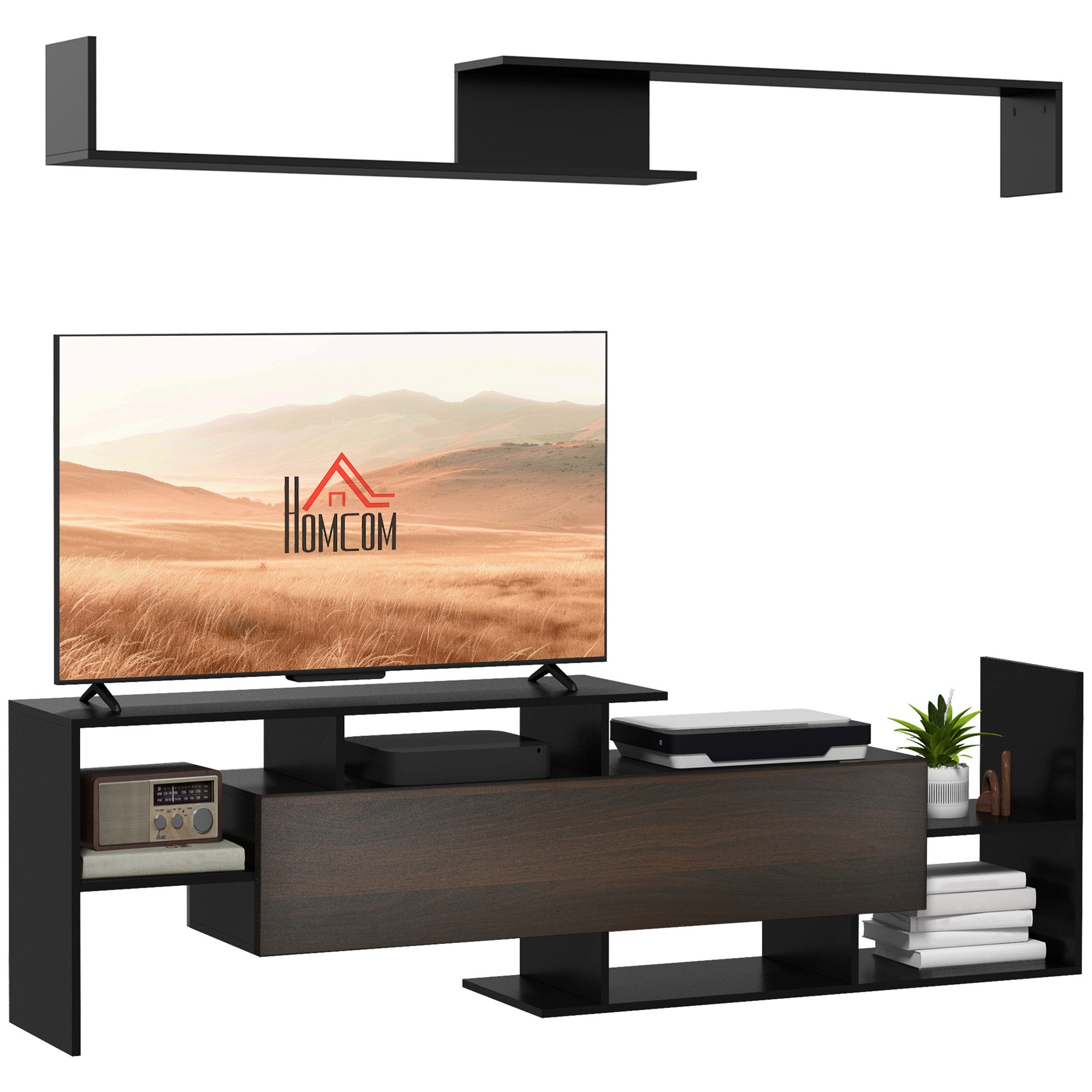 HOMCOM Set namještaja za dnevnu sobu - TV stalak za TV do 165 cm ili konzola za TV do 102 cm s TV stalcima 153.6x25x42 cm i zidnim policama 150x14.5x16.3 cm Crna i smeđa