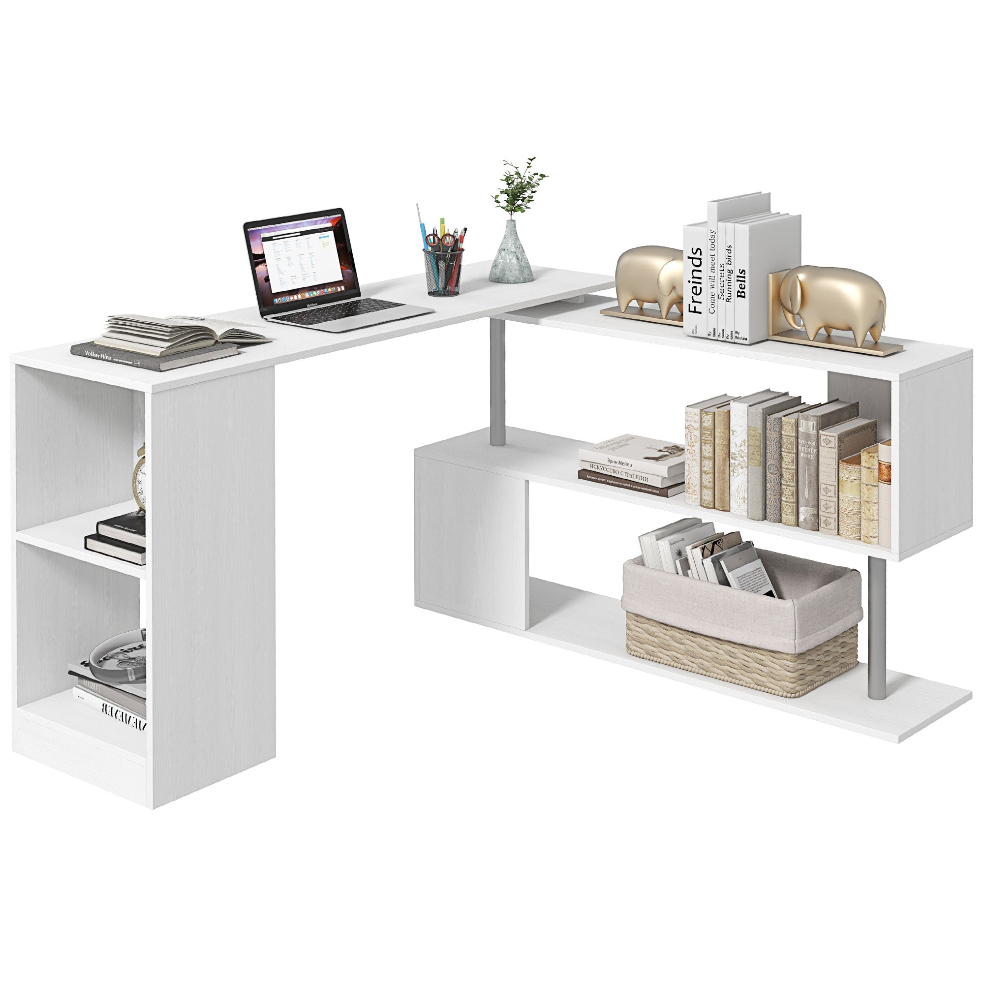 HOMCOM Ruimtebesparend Hoekbureau met S-vormige Plank, Moderne Houten Bureau, 140x120x78 cm, Wit
