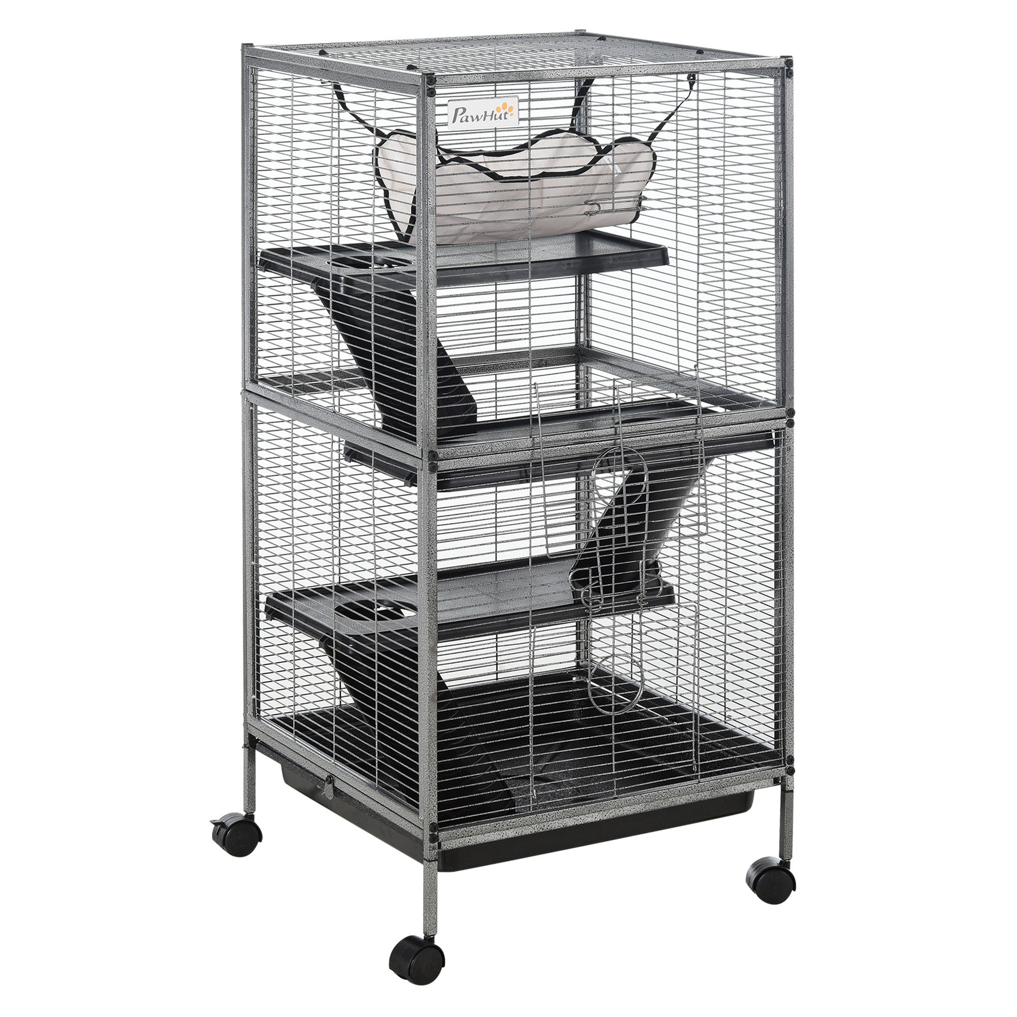 PawHut 4-stöckiger Käfig für Kleintiere mit Rädern, 2 Türen, 3 Rampen, hängender Hängematte und herausnehmbarem Tablett für Meerschweinchen, 52x52x113,5 cm