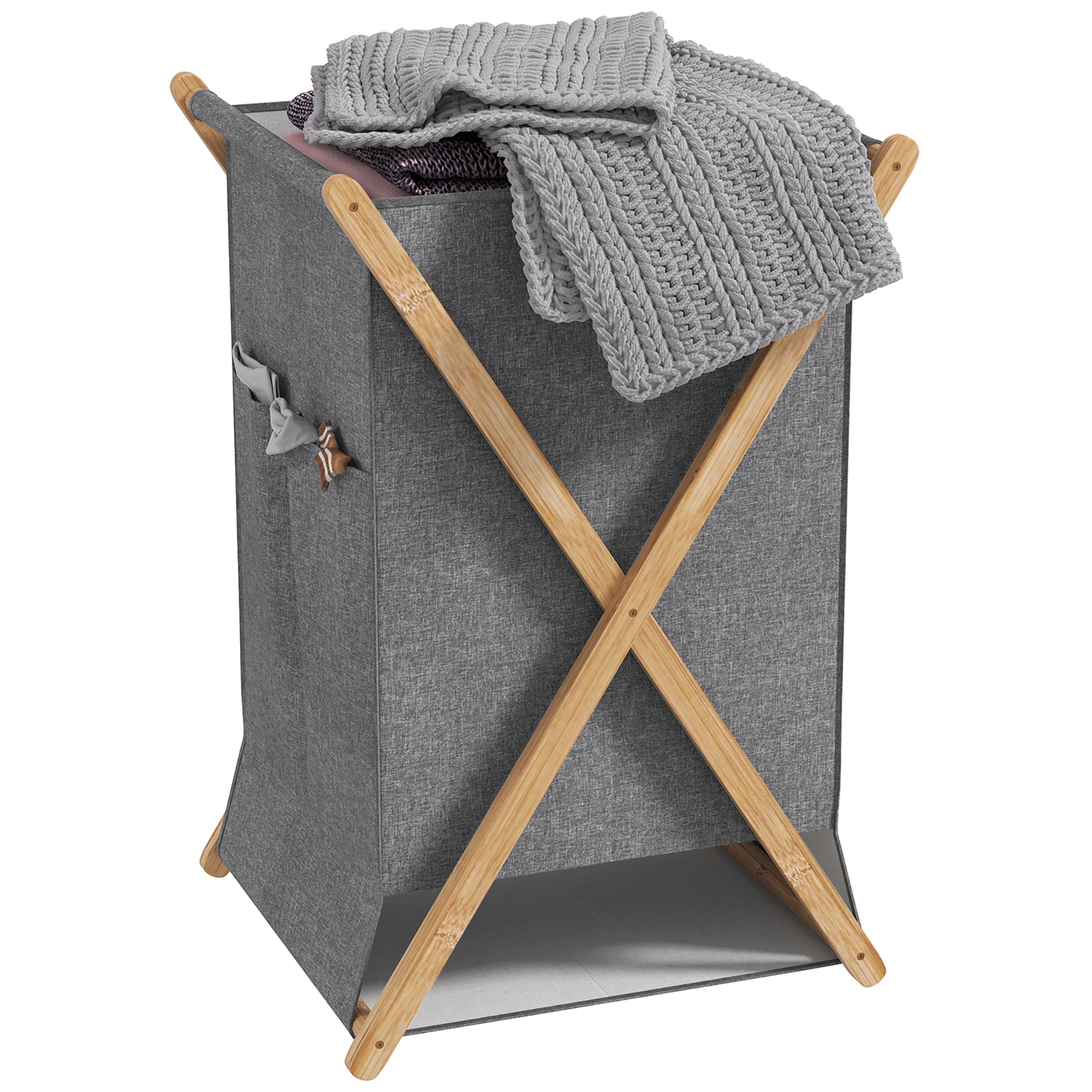 HOMCOM Vouwbare Wasmand 55L, Stoffen Mand met Bambooframe voor Slaapkamer en Wasruimte, Natuurlijk Hout en Grijs
