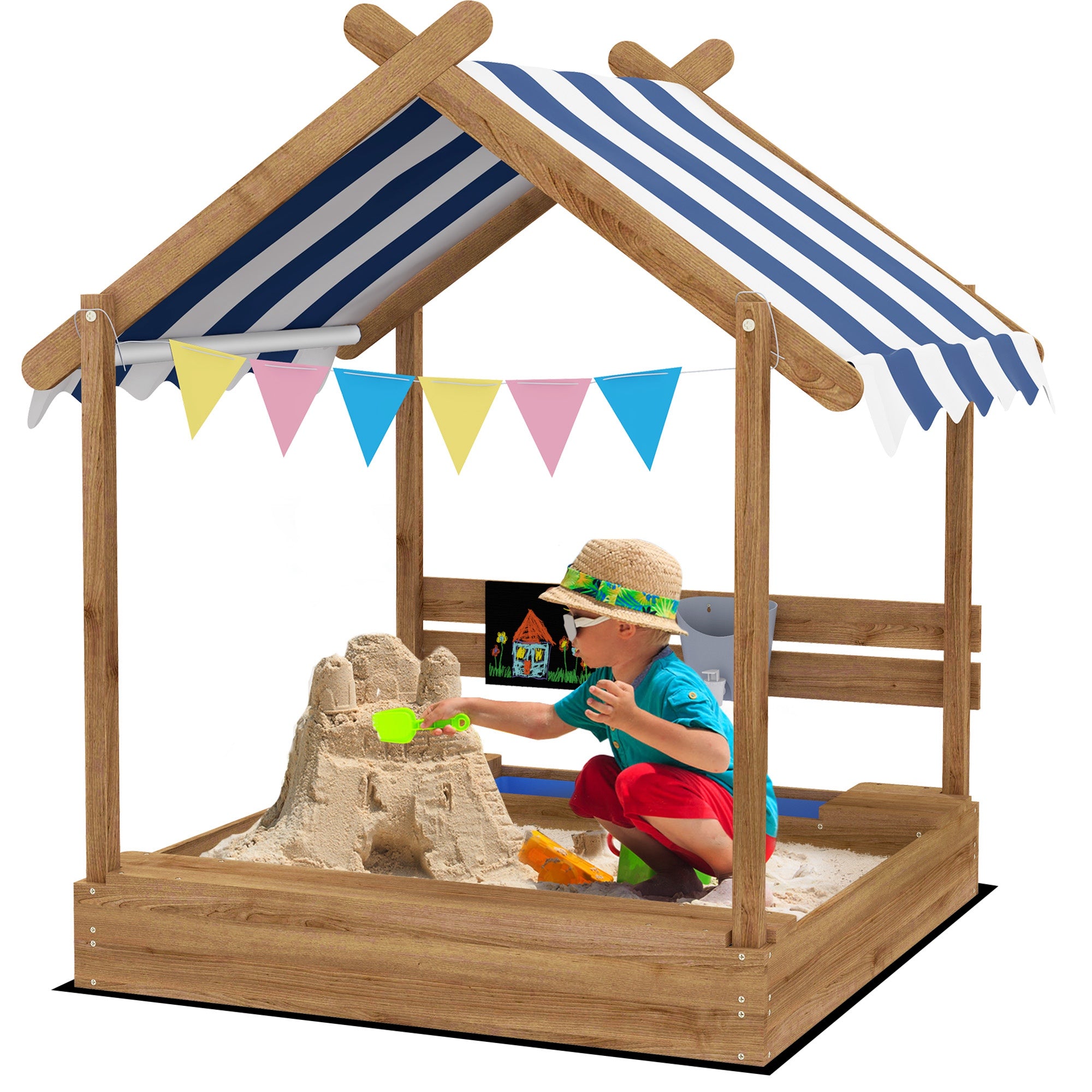 Outsunny Smilšu Bedre ar Jumtu, Koka Smilšu Kaste ar Sēdvietu, Spēļu Nams, 124 x 116 x 146 cm Smilšu Kaste ar Krija Dēli Bērniem no 3 līdz 7 Gadiem, Dārzs, Brūna