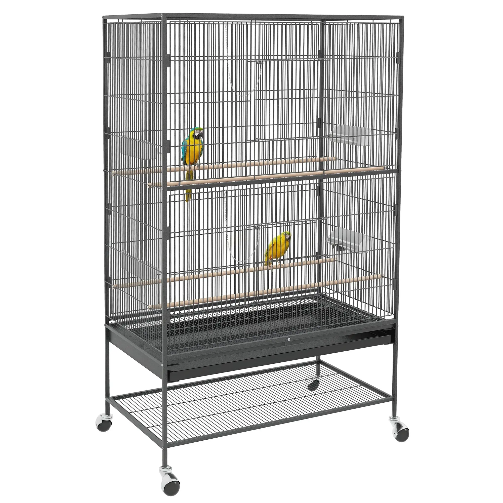 Birdcage Aviary with Perches, Birdhouse with Shelf, Bottom Tray, Doors, Wheels, for Small Birds, Steel, Gray, 94 x 57 x 153 cm