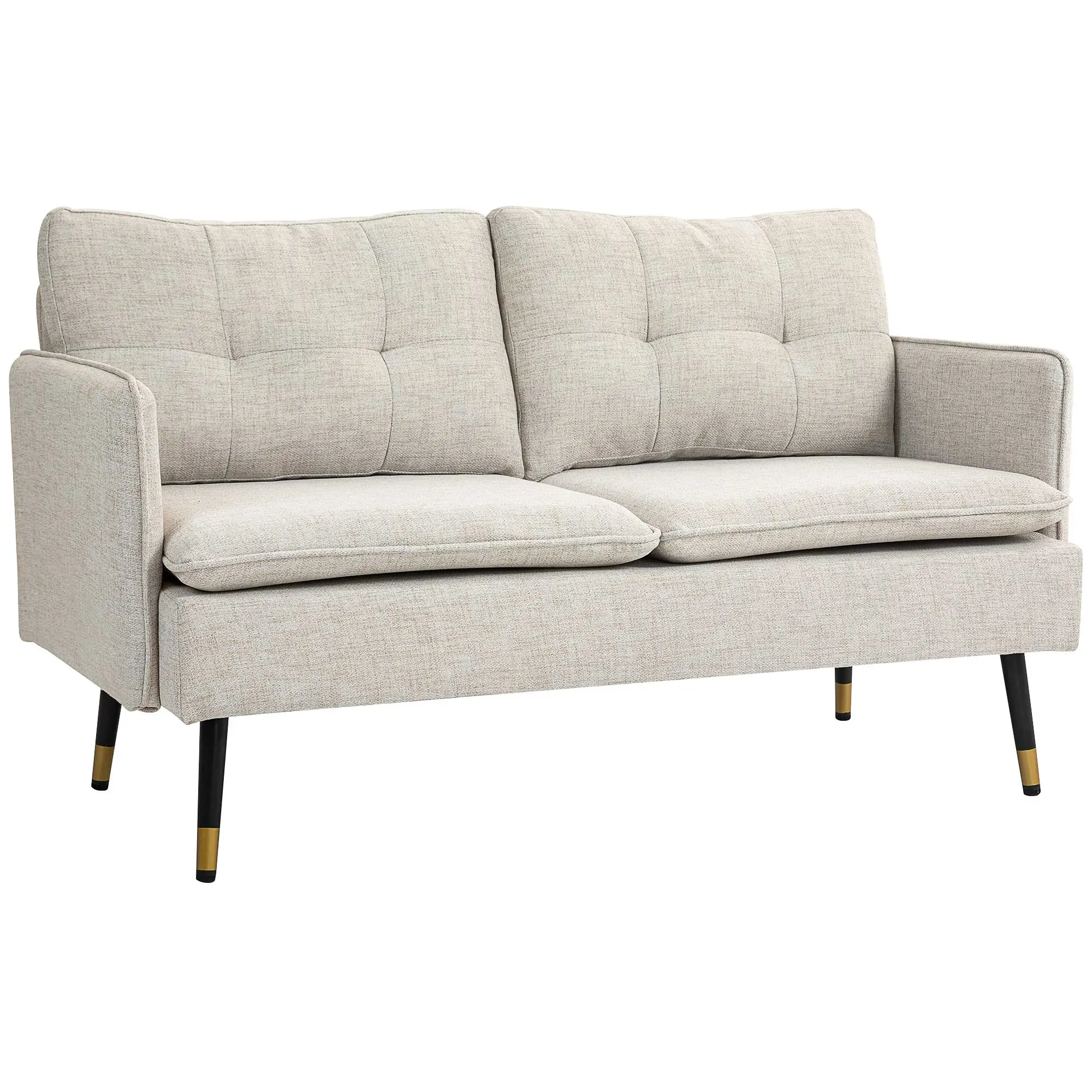2-Seater Linen-Effect Fabric Sofa with Armrests and Padded Cushions, Modern 2-Seater Sofa with Steel Legs, for Office, Living Room, Lounge and Bedroom, 139x68x80 cm, Cream