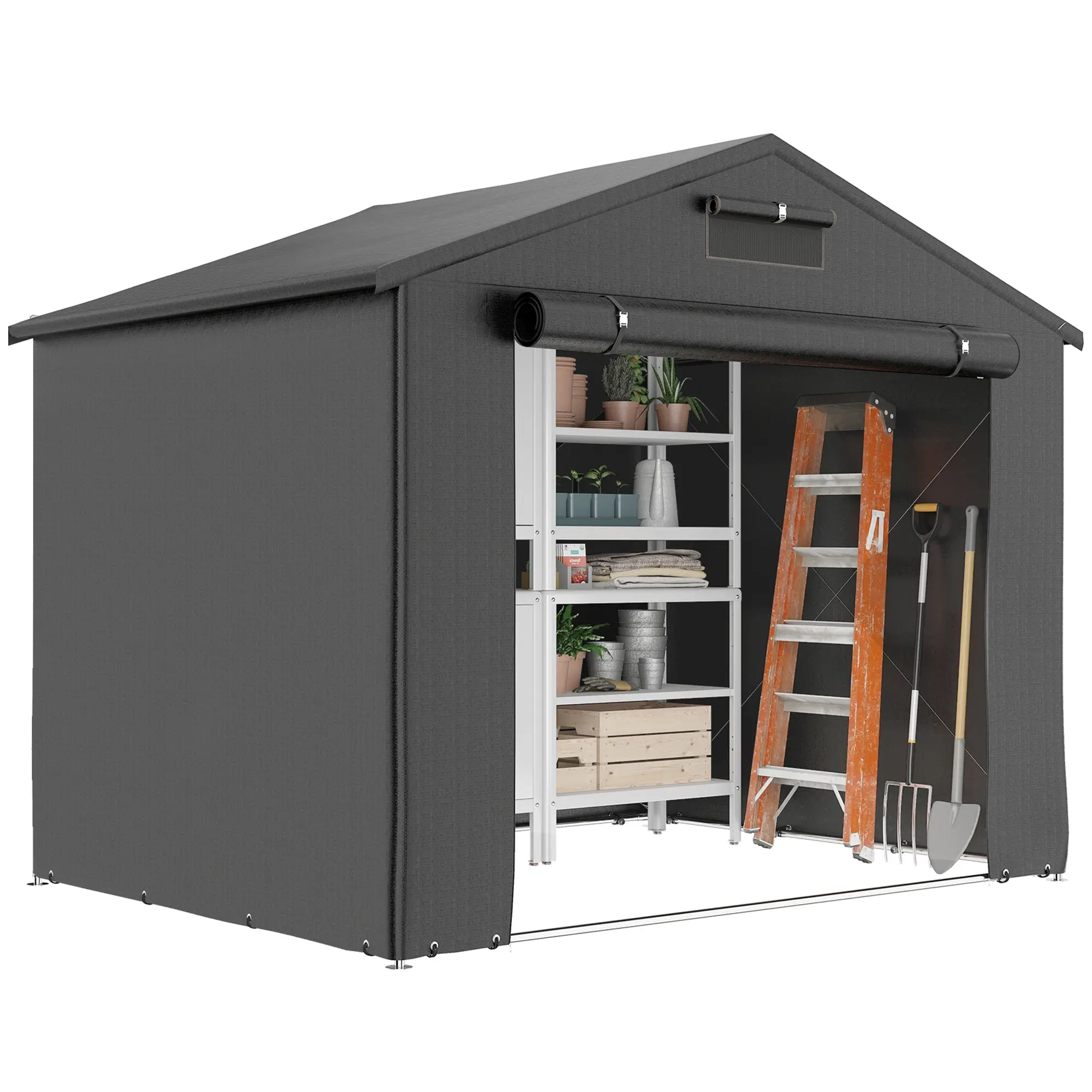 2.5 x 1.8 m (8.2 x 5.9 ft) Waterproof Garage Tent — Sloped Roof, Roll-Up Zipper Door & Vent, UV-Resistant Storage Shelter for Bikes (Dark Gray)