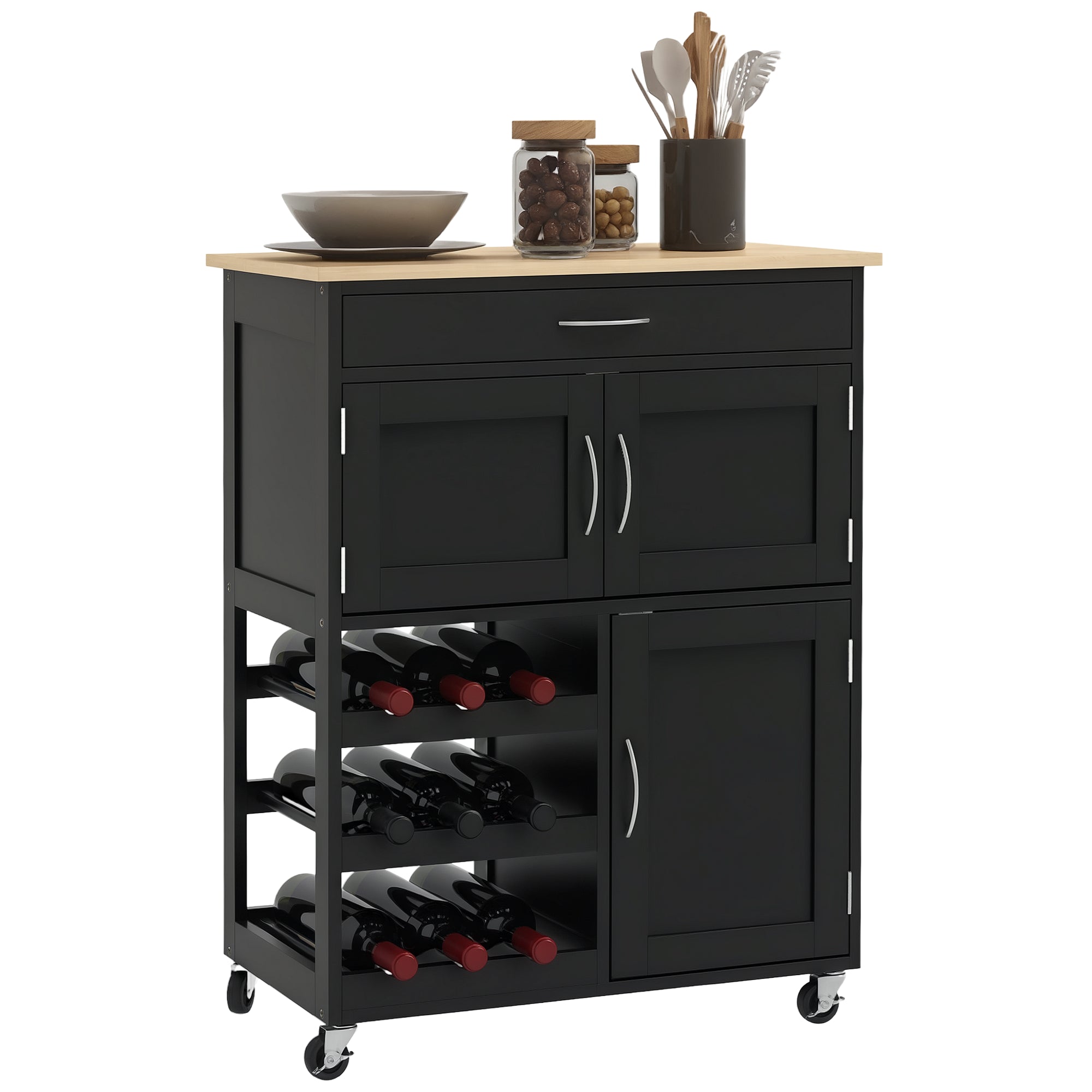 Chariot de Cuisine HOMCOM avec Rack à Vin de 9 Bouteilles, 3 Portes, 4 Roues et Tiroir, Cabinet de Cuisine Gain de Place avec Plateau en Bois de Caoutchouc, 67x37x87 cm, Noir et Chêne