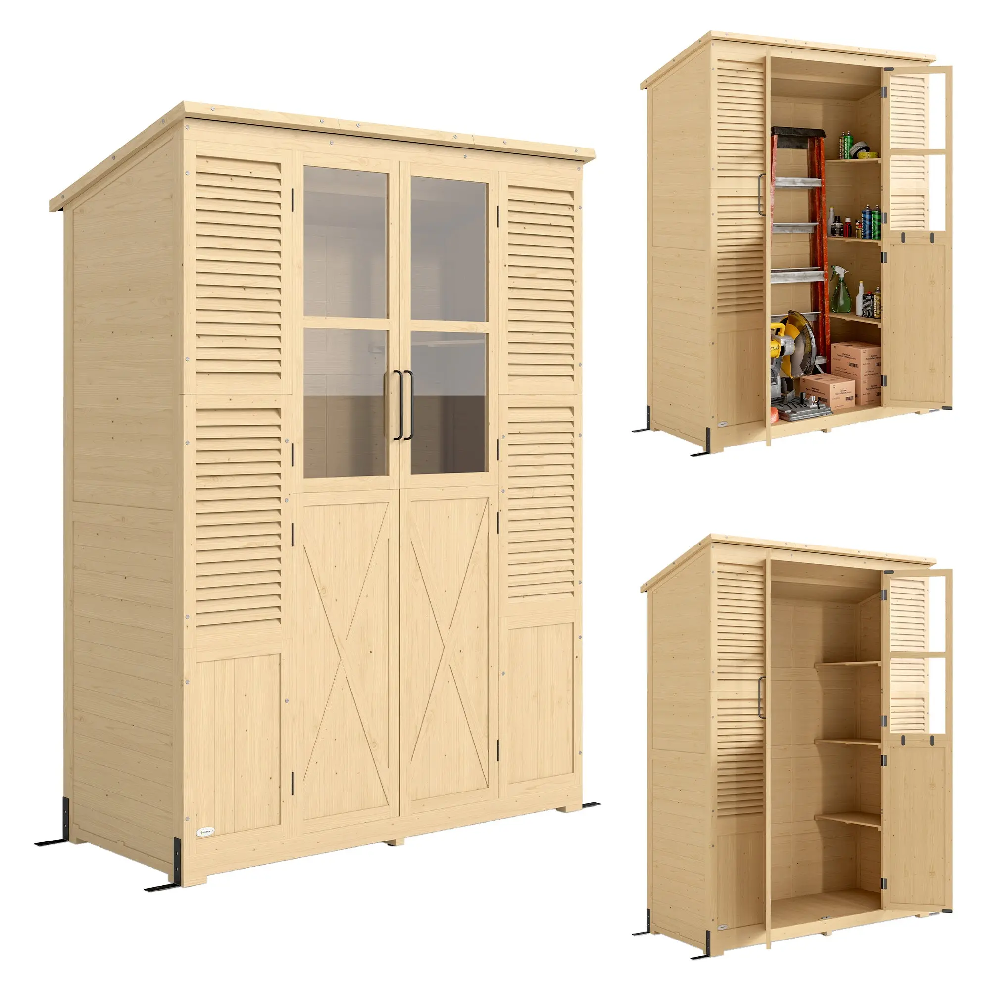 Walk-In Fir Wood Garden Shed with Asphalt Sloped Roof, 4 Windows, 6 Shelves, Ventilation & Anti-Tip Kit 147 x 68 x 198 cm, Natural Wood