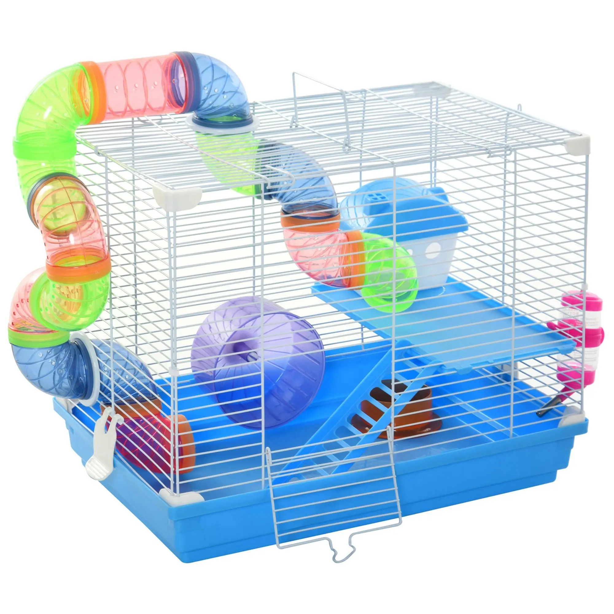 Hamster Cage 46x30x37 cm House for Hamster with Tubes Feeder Water Dispenser Ramp Exercise Wheel and Portable Handle for Indoor and Outdoor Blue and White