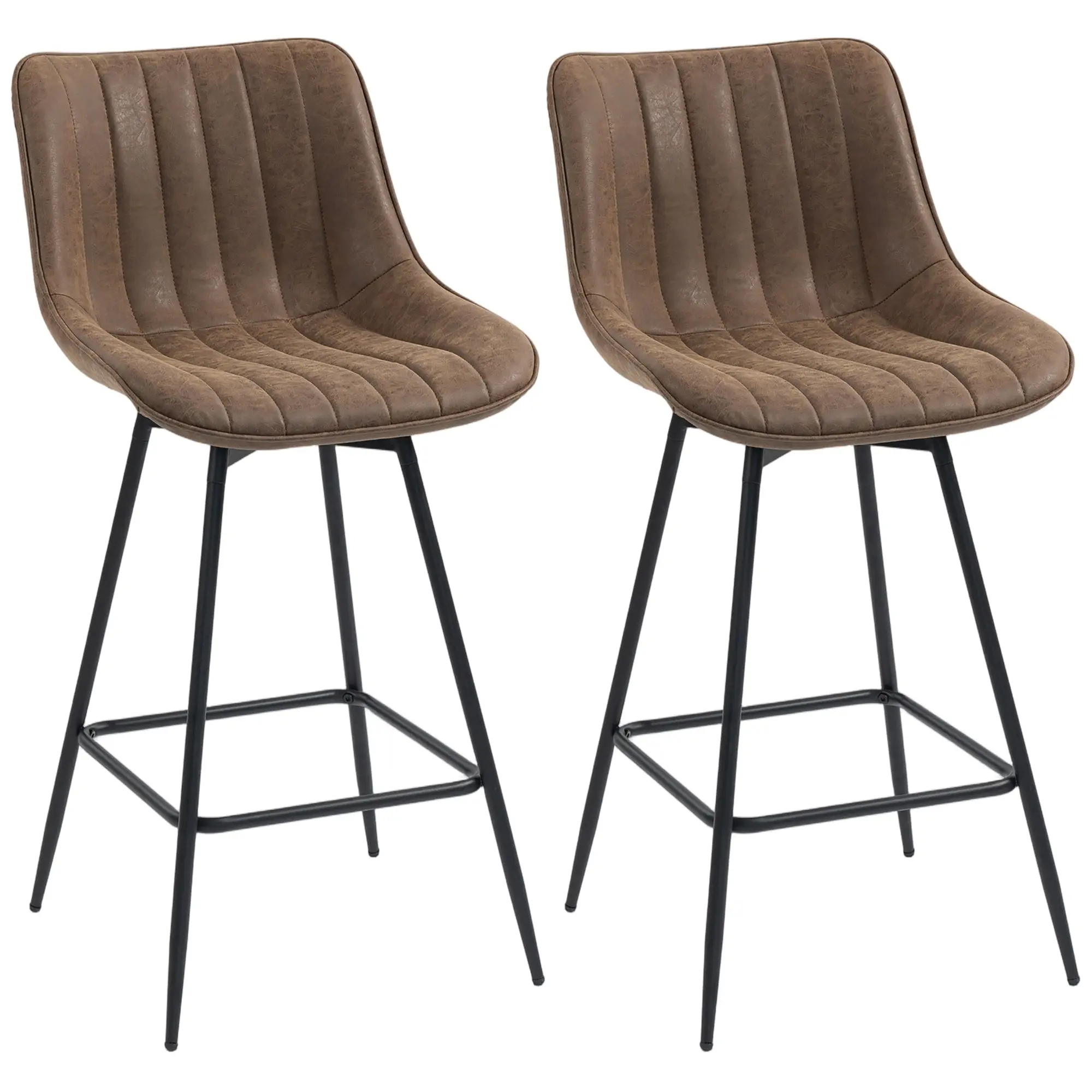 Set of 2 Modern PU Bar Stools, Padded 360° Swivel Seats, Backrest & Footrest, Steel Legs, Counter-Height, Brown