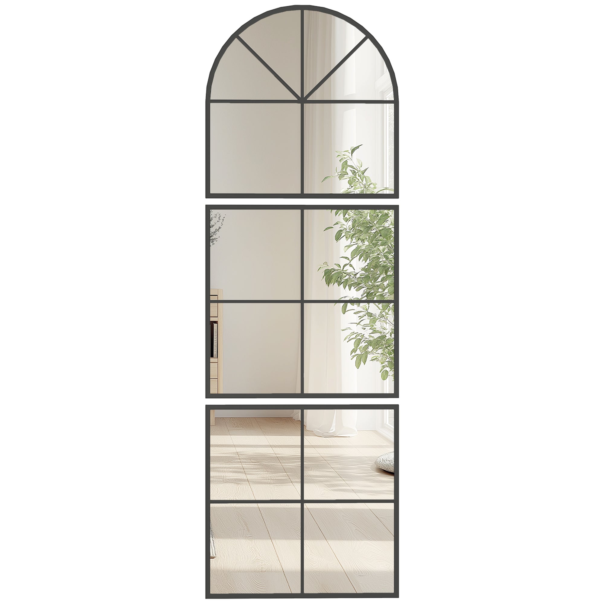 Wall Mirror 60 x 180 cm three-part, arched mirror with metal frame, decorative hanging mirror, window mirror for bathroom living room Black