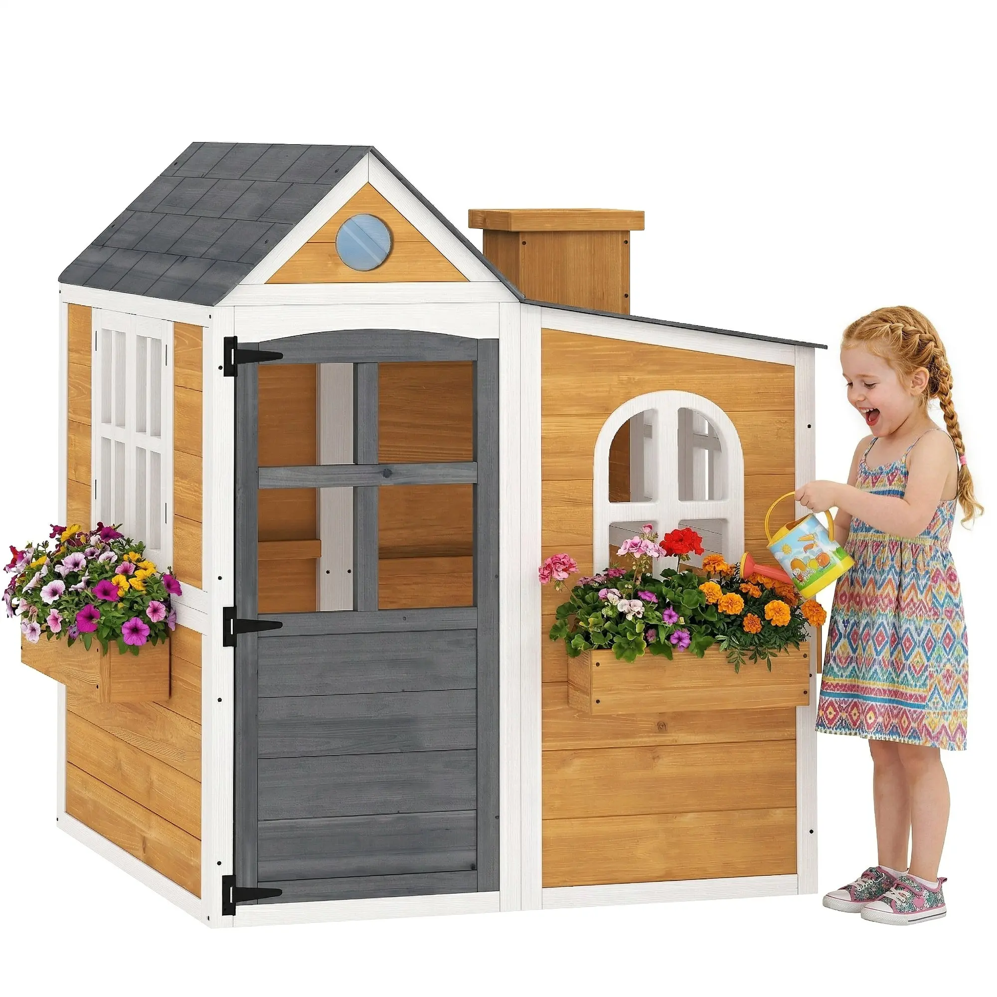 Children's Outdoor Wooden Playhouse with Door, Windows & 3 Planters – Weather-Resistant Playhouse for Ages 3–6, 125.5 x 119 x 126 cm (49.4 x 46.9 x 49.6 in), Yellow