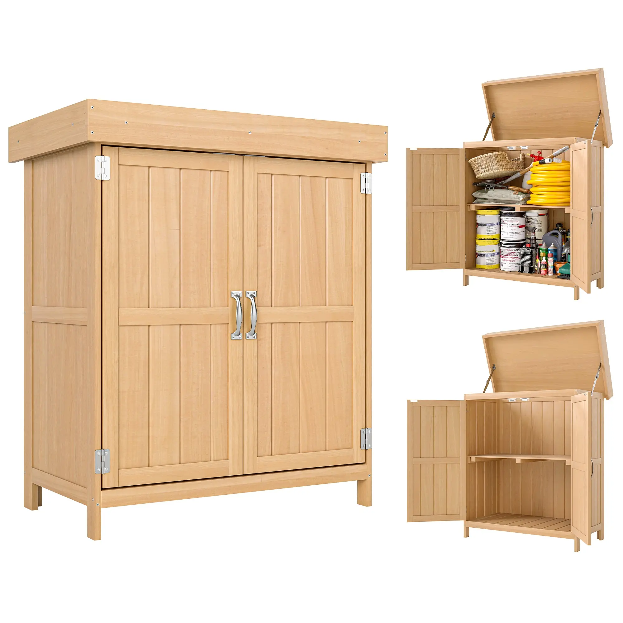 Garden Cabinet Fir Wood, Weatherproof Tool Shed 74x43x88cm, Tool Shed with Double Door, 2 Compartments, Tool Cabinet, Garden House Tool Cabinet for Garden, Terrace, Natural