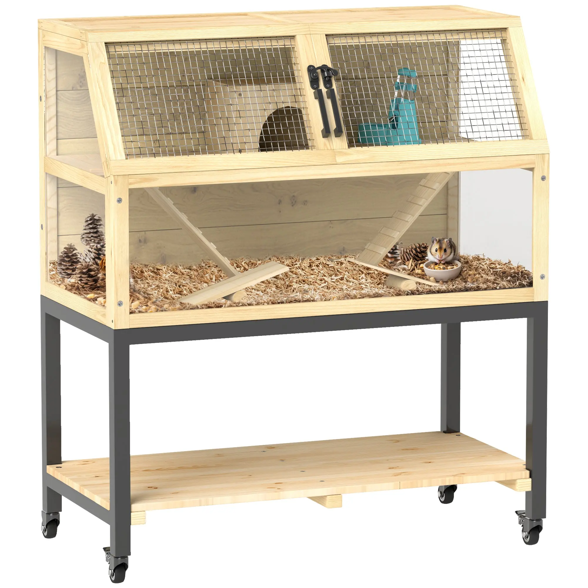 Dwarf Hamster Cage in Natural Wood, 87 x 43 x 101 cm Rodent Cage with Storage Area, Water Bottle, Hut, Seesaws, Small Animal Cage with Wheels, Ramps, Natural Wood