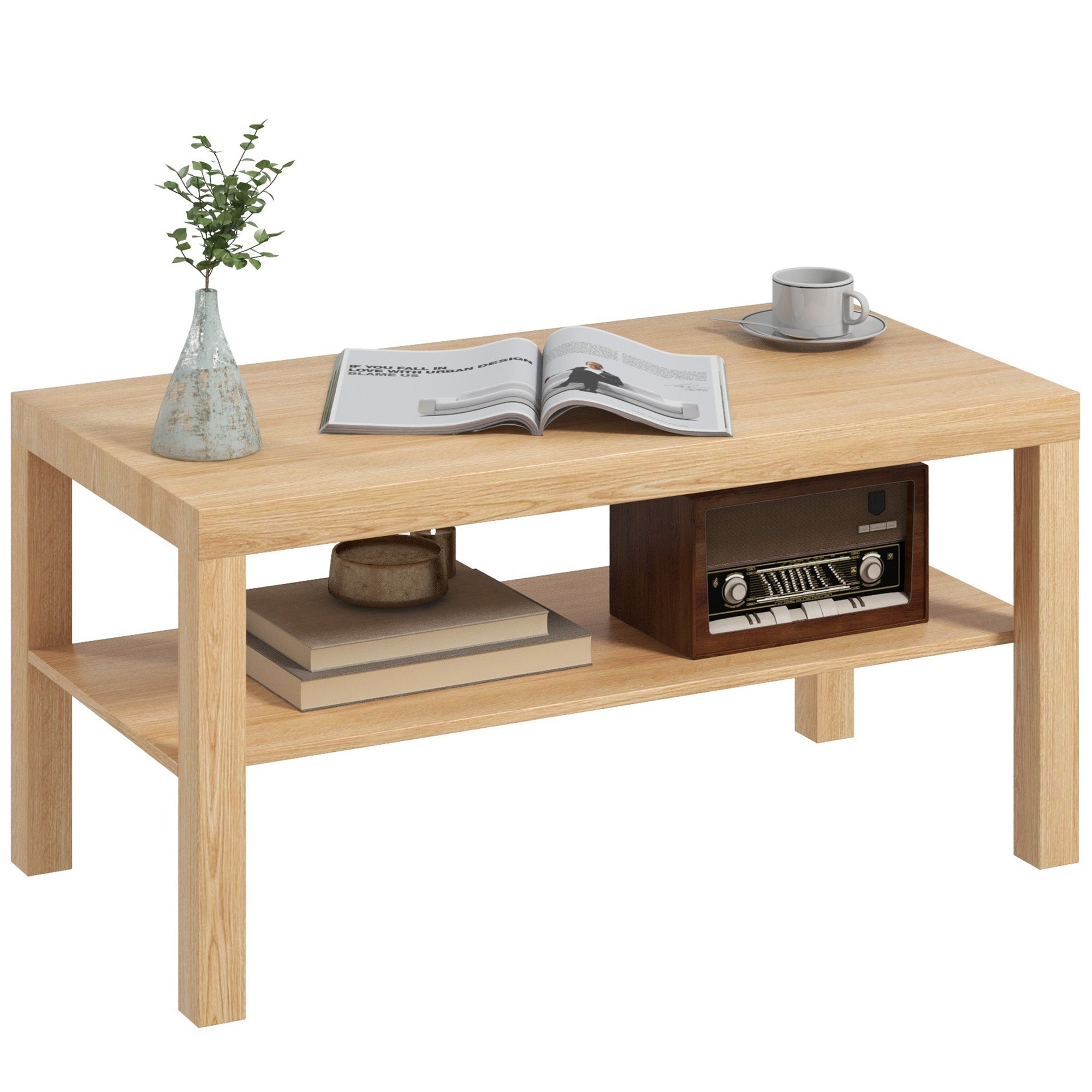 HOMCOM Lavt Kaffebord til Stue med 2 Opbevaringshylder til Soveværelse/Stue 90x45x44,5 cm Naturligt