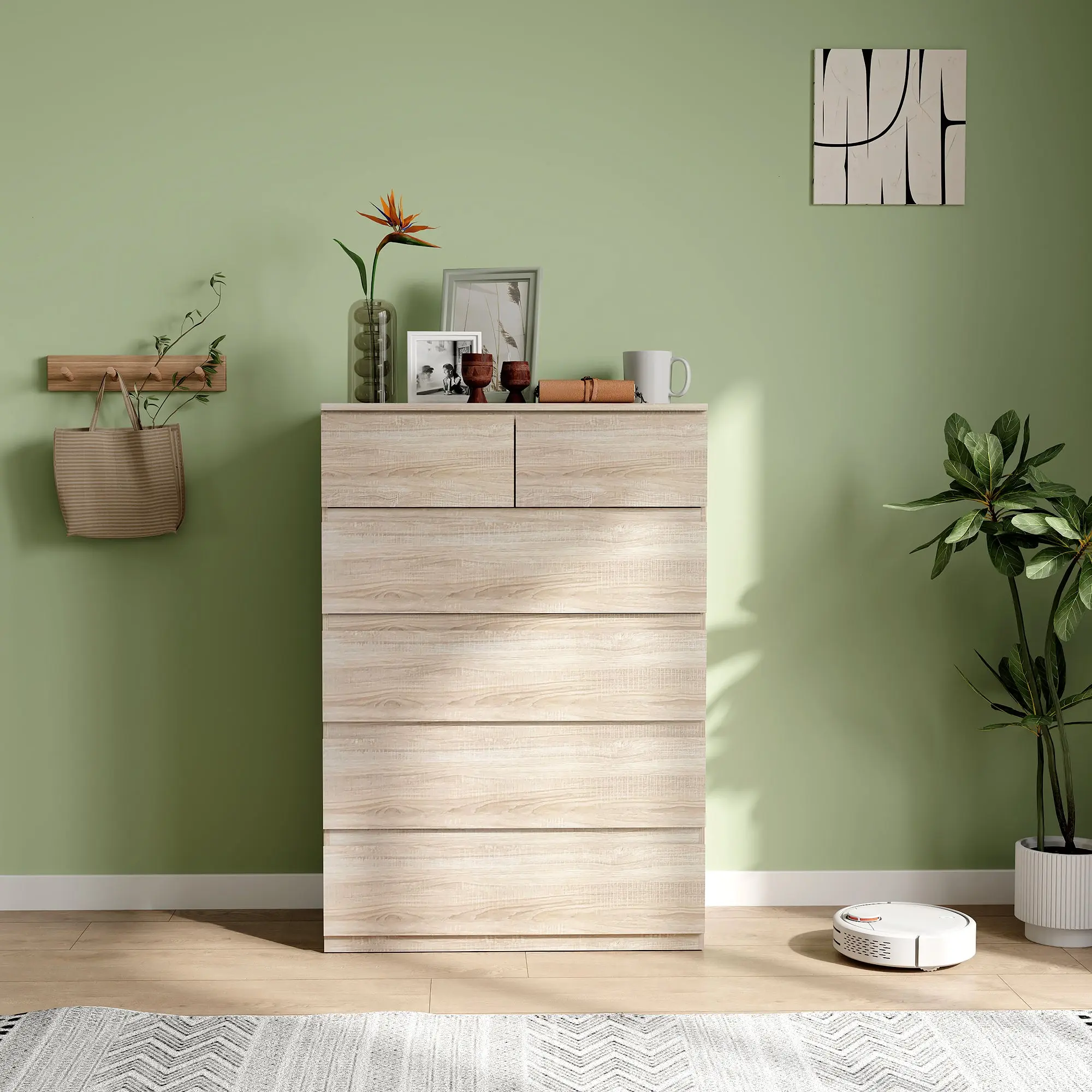 6-Drawer Chest of Drawers Storage Unit with Minimalist Handleless Design - 80 x 39 x 115 cm - Natural Wood