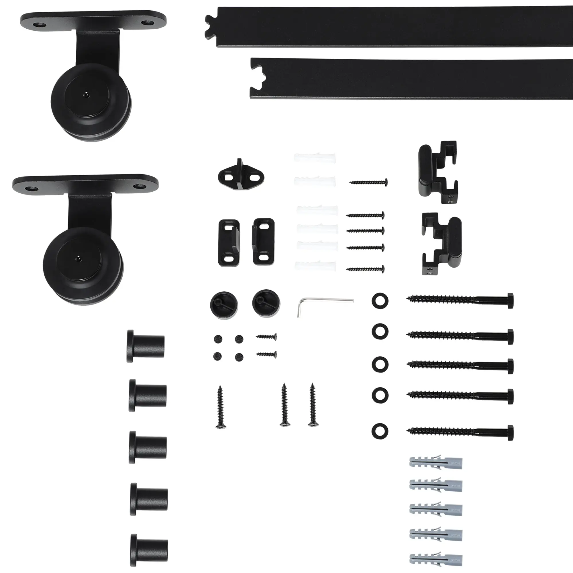 Sliding Door Complete Set, 2m Hardware Kit with Brackets, Rails, Pipe Clamps, Anti-jump Devices Sliding Door System, Carbon Steel Door Screw Set, Black