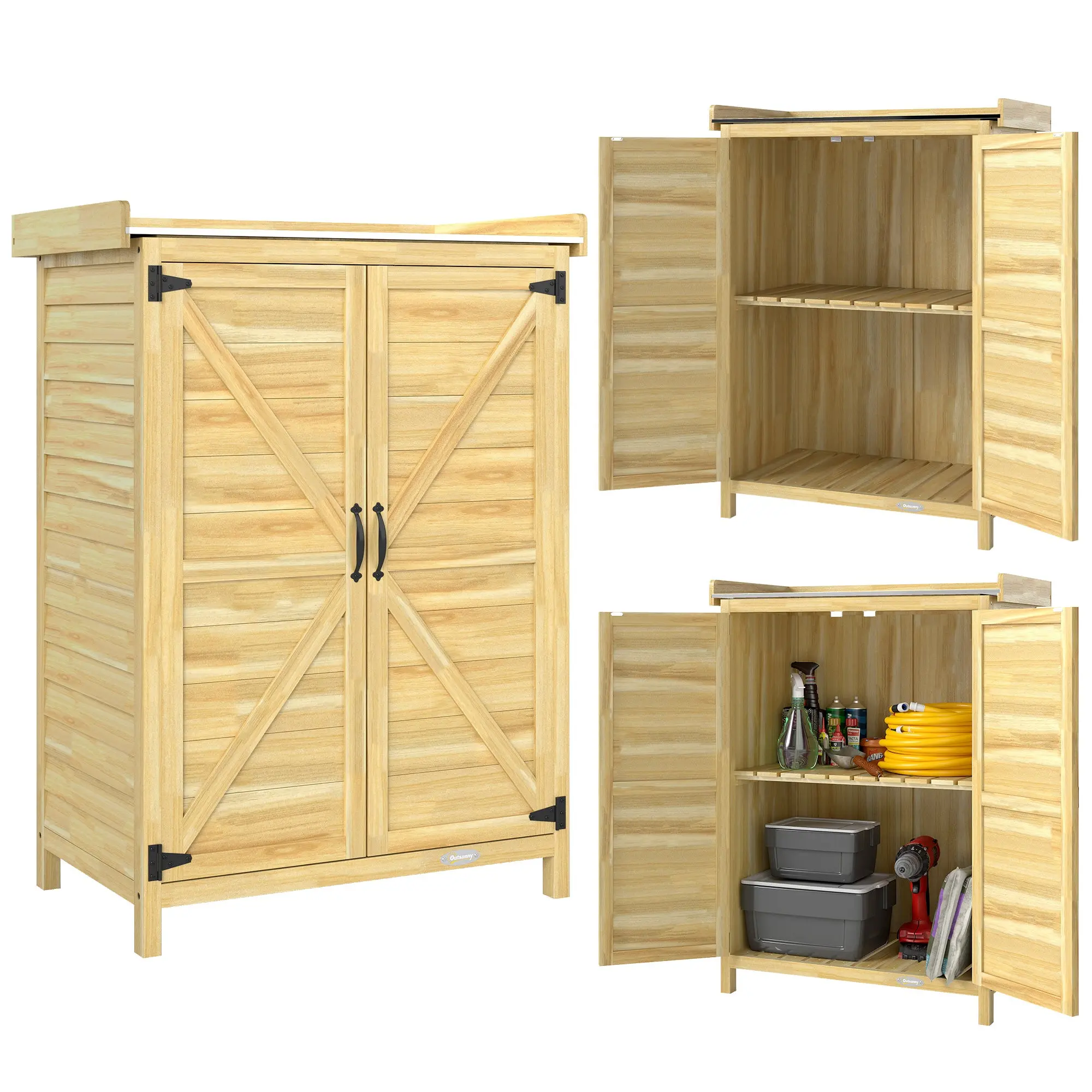 Outdoor Spruce Wood Storage Cabinet with Galvanized Worktop, Shelves, Double Doors & Hooks — 28 x 15 x 37 in, Natural