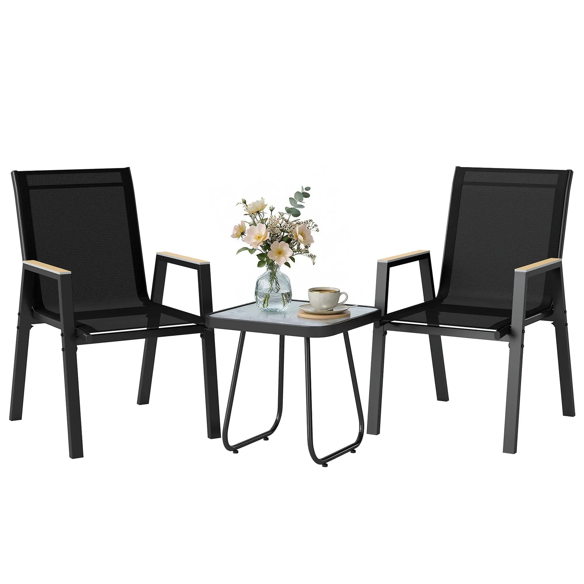 3-Piece Bistro Set – 2 Textilene Chairs & DPC Wood-Effect Table, Black
