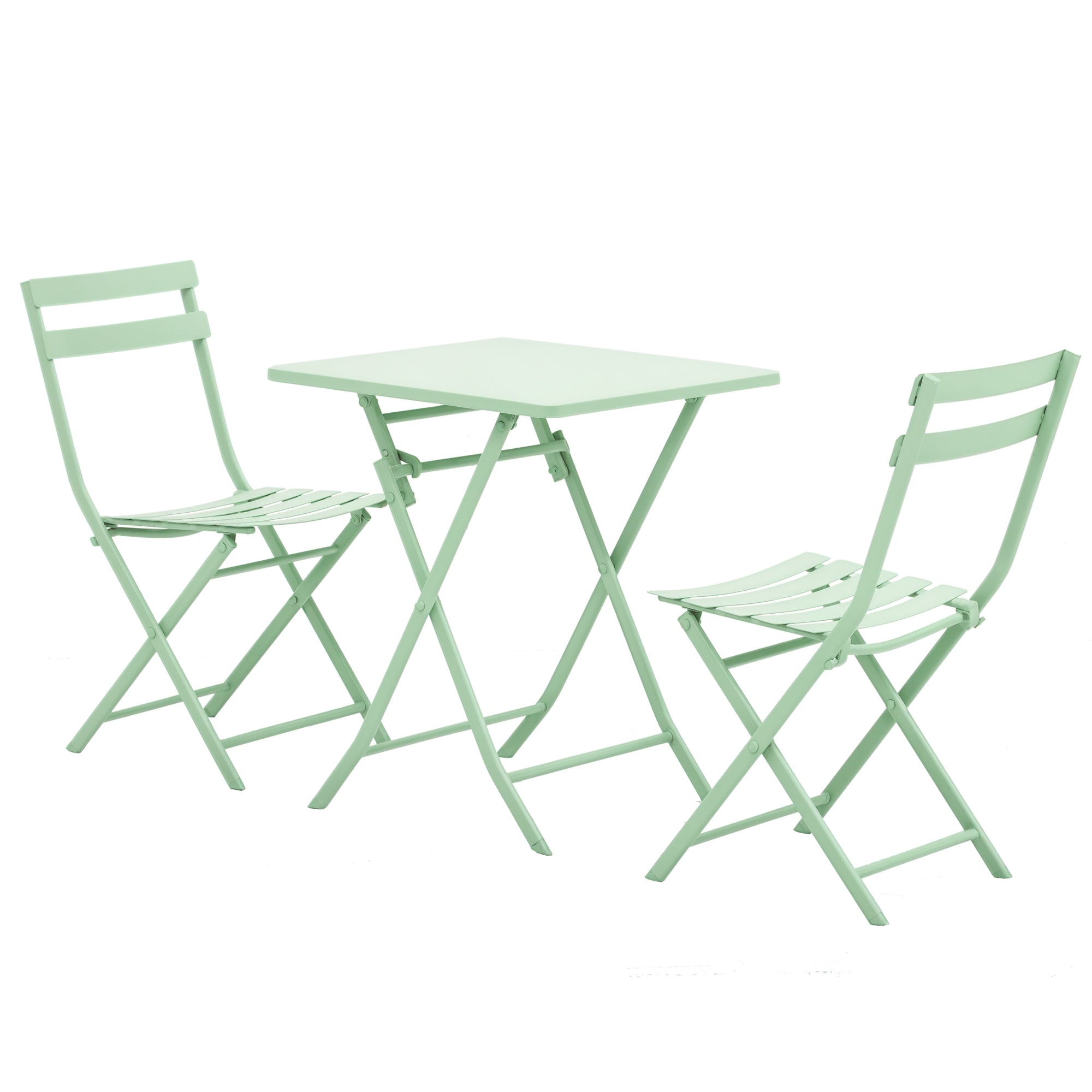 Folding bistro garden set - square table dim. 60L x 60W x 71H cm with 2 chairs - green water-resistant powder-coated metal