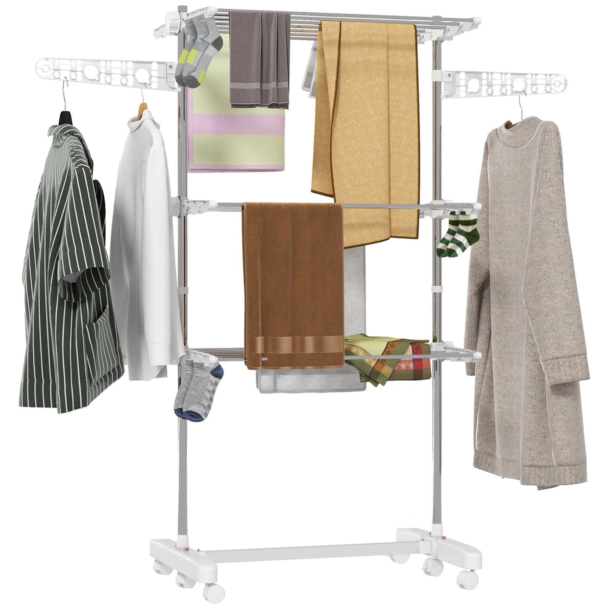 HOMCOM Luchtwasrek Toren Kledingdroogstandaard met 3 Niveaus, Vouwbare Vluchten, Wielen, Toren Luchtwasrek voor Binnen- en Buiten gebruik, 142 x 55 x 152 cm, Wit