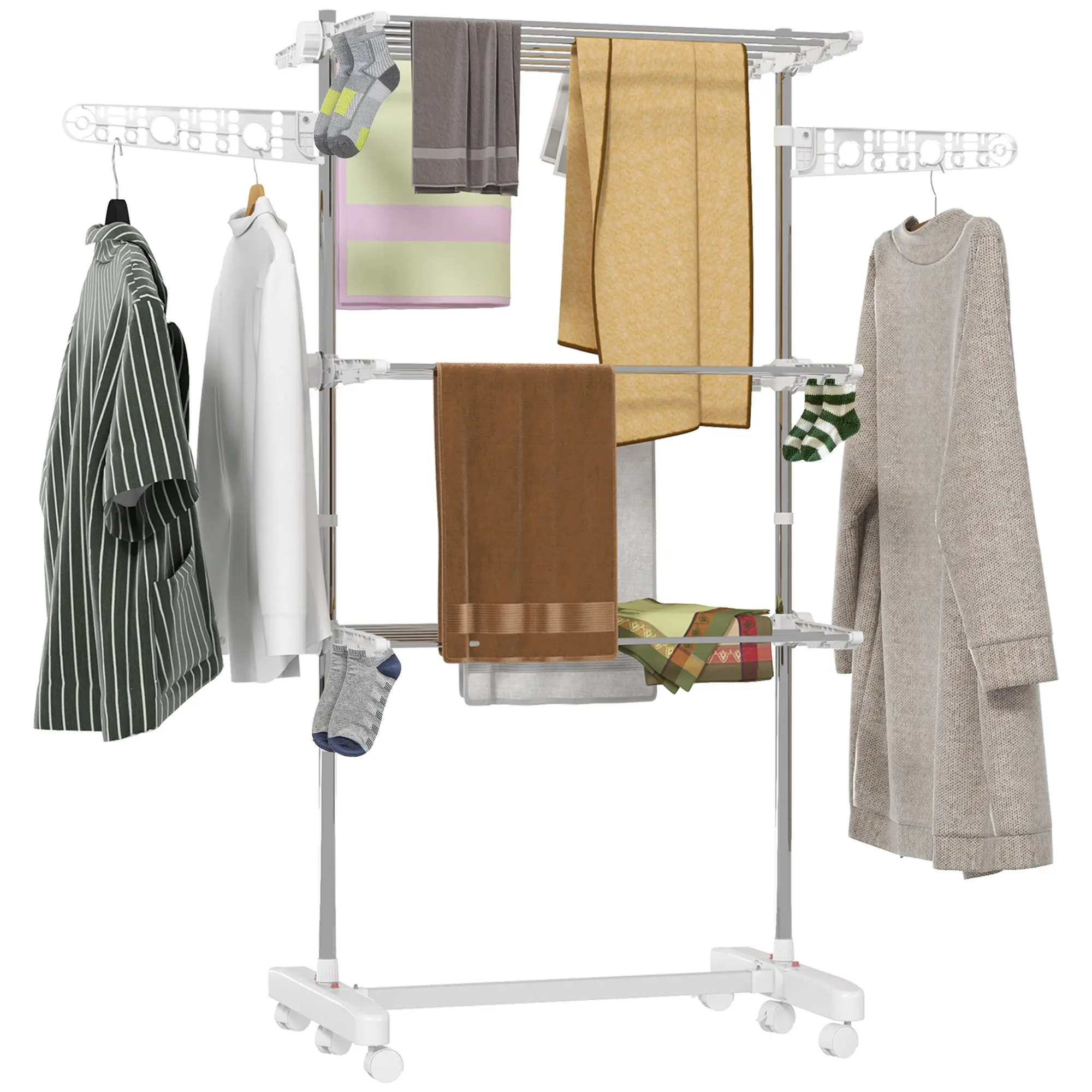Laundry Rack Tower Clothes Drying Stand with 3 Levels, Foldable Wings, Wheels, Tower Laundry Rack for Indoor and Outdoor Use, 142 x 55 x 152 cm, White