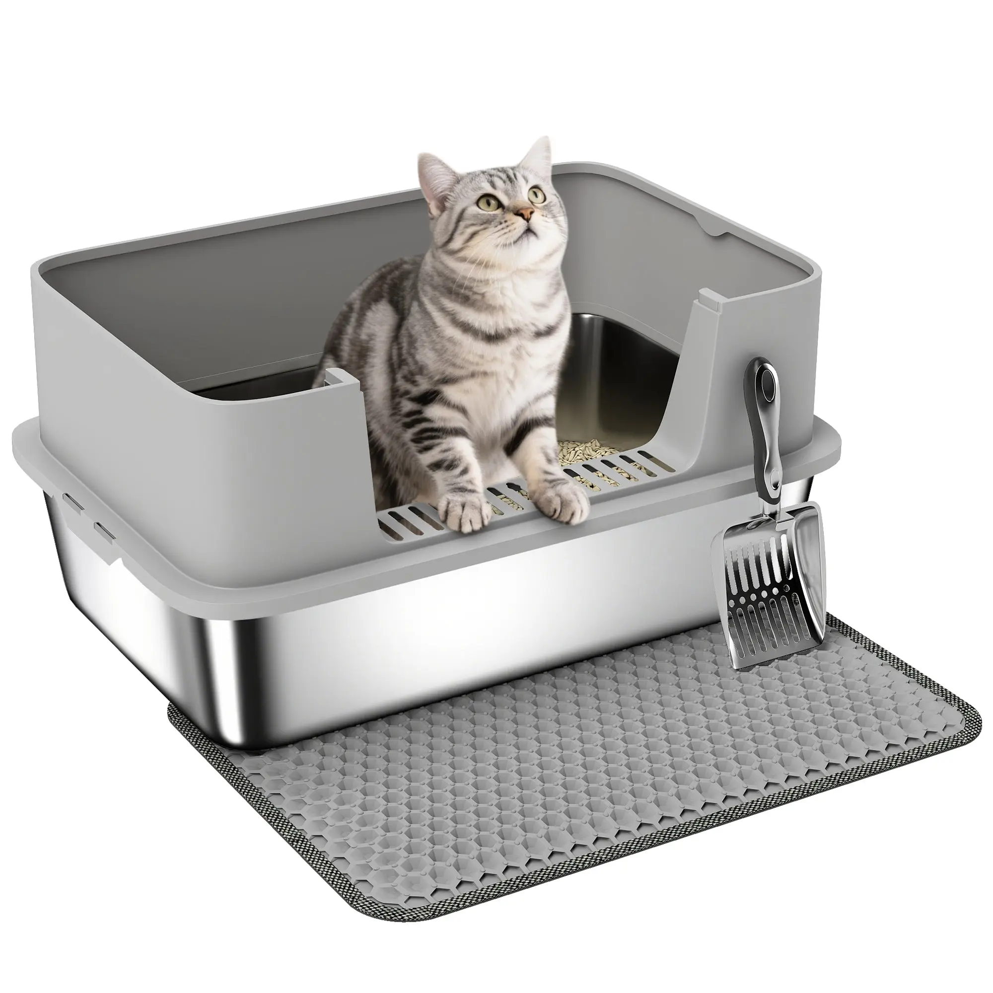 Stainless Steel Open Cat Litter Box with Scoop, High Sides & Mat, XXL for Cats up to 15.4 lb (23.7 x 15.8 x 11.6 in), Gray