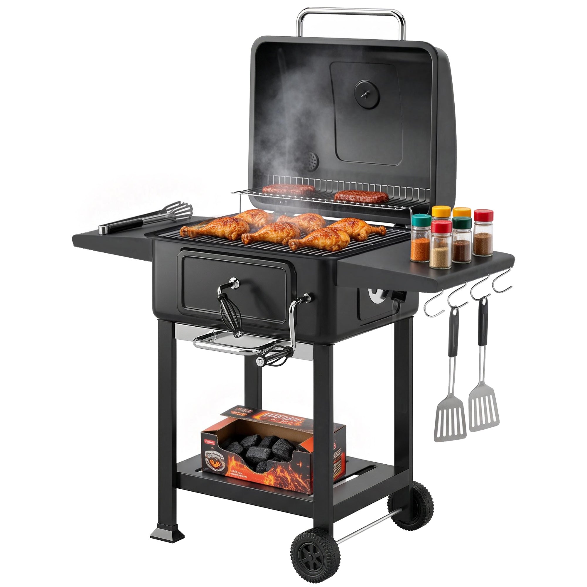 Charcoal BBQ Smoker with Lid Thermometer, Adjustable Charcoal Pan & Ash Drawer — Wheeled Grill Cart with Side Table for Camping & Garden