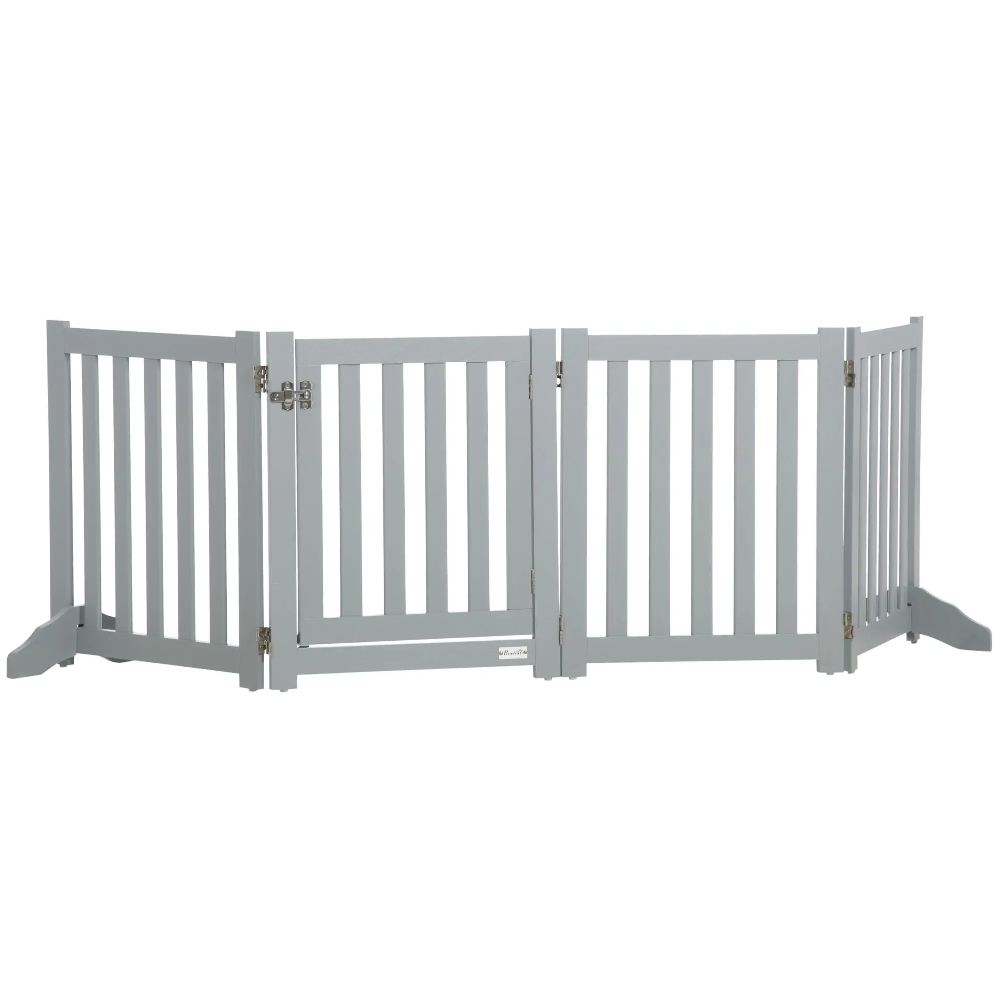 Freestanding Folding Wooden Dog Gate, 4-Panel Indoor Pet Barrier with Door and Support Feet — 205 x 60 cm (80.7 x 23.6 in), Gray
