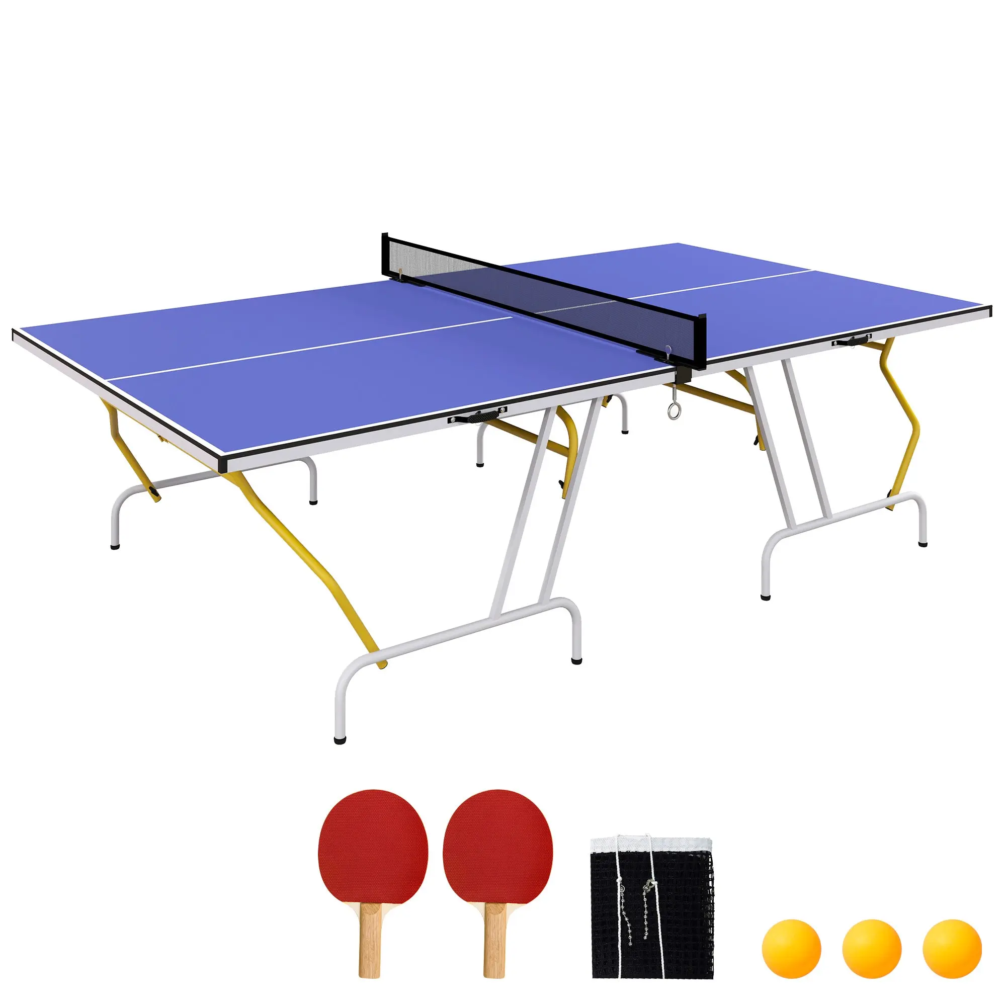 SPORTNOW Quarter-Folding Table Tennis Table with Table Tennis Net, 2 Paddles, 3 Balls, for Indoor 274 x 152.5 x 76 cm Blue