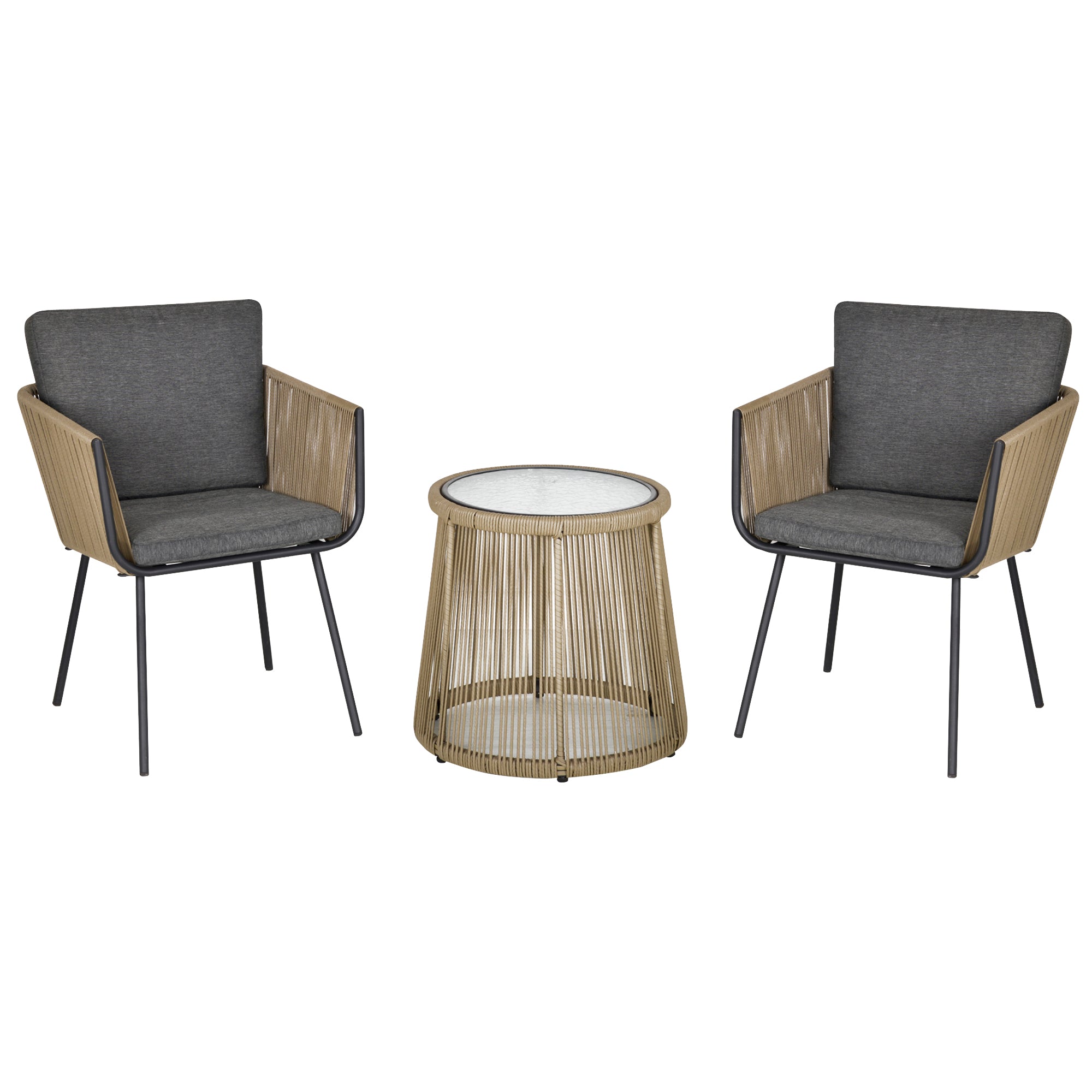 Outsunny Poly Rattan Trädgårdmöbelset, Utomhus Balkongmöbler för 2 Personer, 3-delat Trädgårdmöbelset med 2 Stolar, Bord, Sittdynor, Väderbeständigt Sittgrupp för Trädgård, Terrass Balkong, Grå