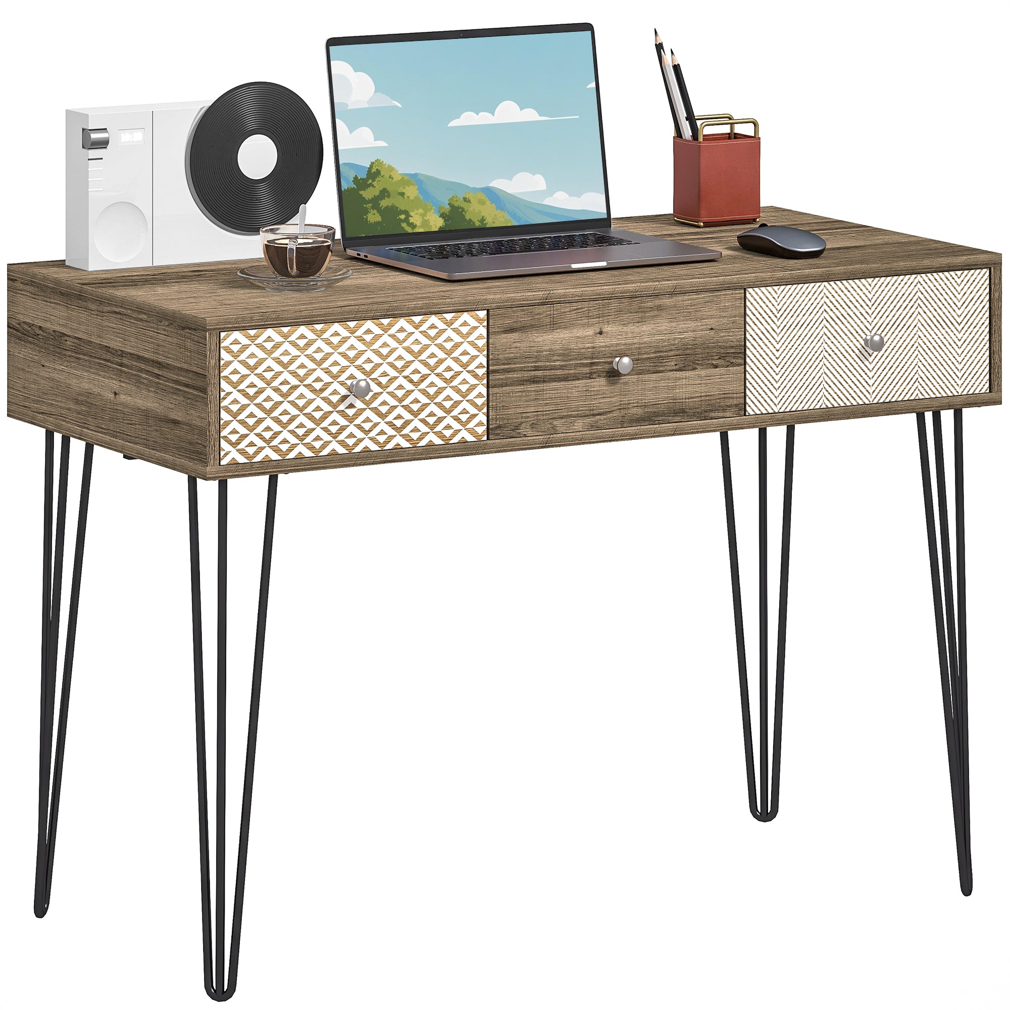 HOMCOM Bohémský psací stůl s 3 zásuvkami a nožkami v designu hairpin pro kancelář, ložnici nebo toaletní stolek 105x50x75 cm dřevo