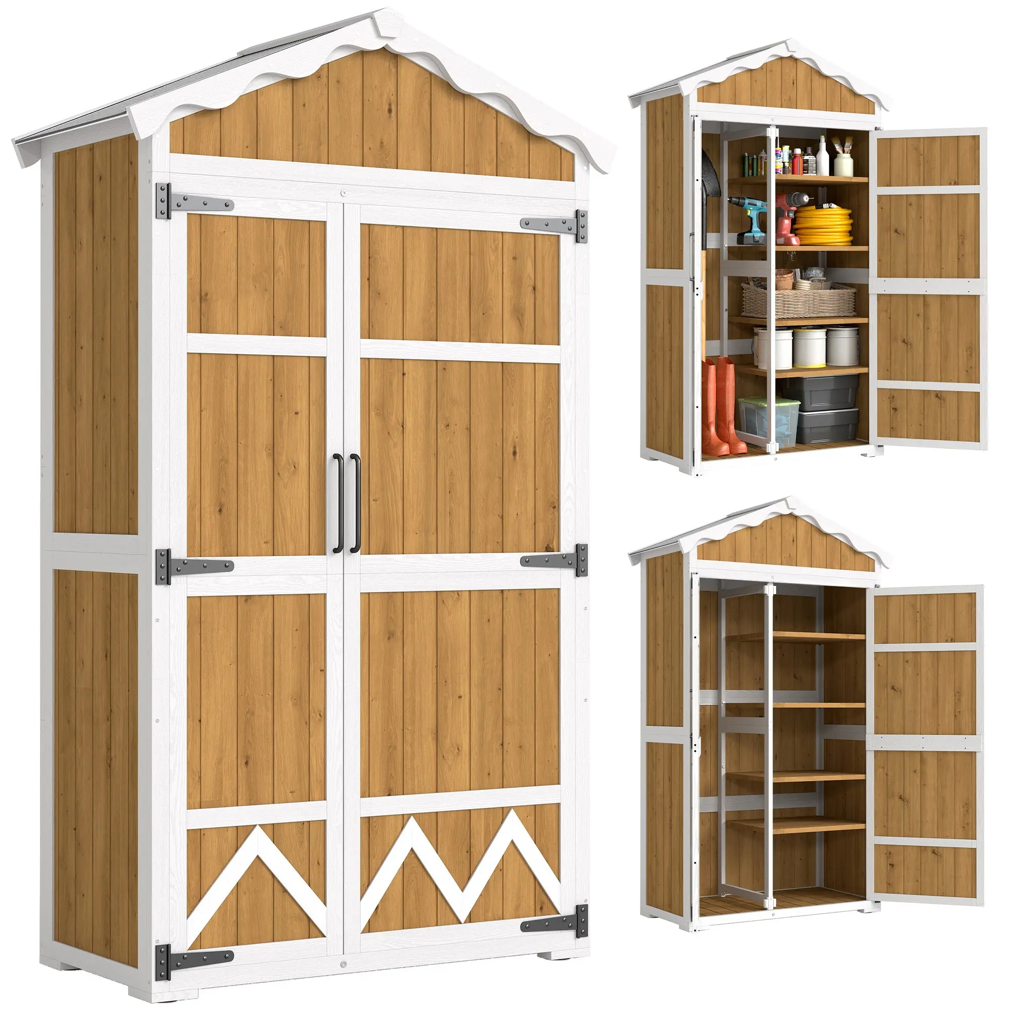 Wooden Garden Shed 41.3 x 21.7 x 70.5 in (105 x 55 x 179 cm) — Waterproof Outdoor Storage Cabinet for Tools, 2 Doors, 4 Removable Shelves, Galvanized Metal Roof, Adjustable Feet, Natural