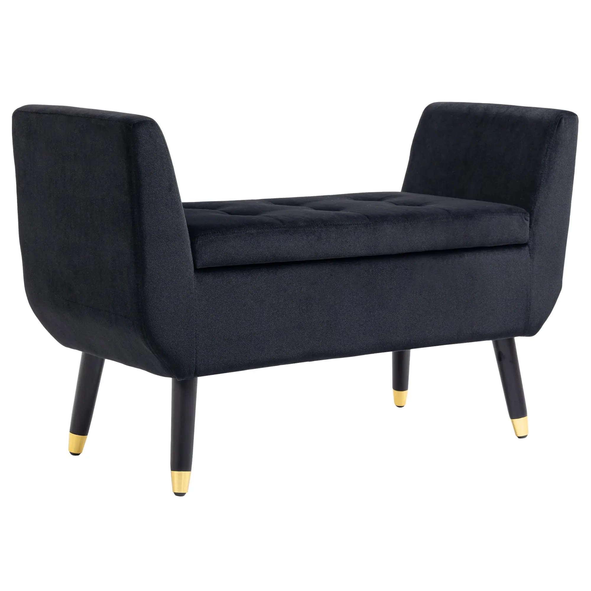 Bench with Storage Armrests Upholstered Bench with Velvet Look, Storage Chest with Wooden Legs, Bench for Living Room Bedroom Hallway 107 x 42 x 65 cm, Black