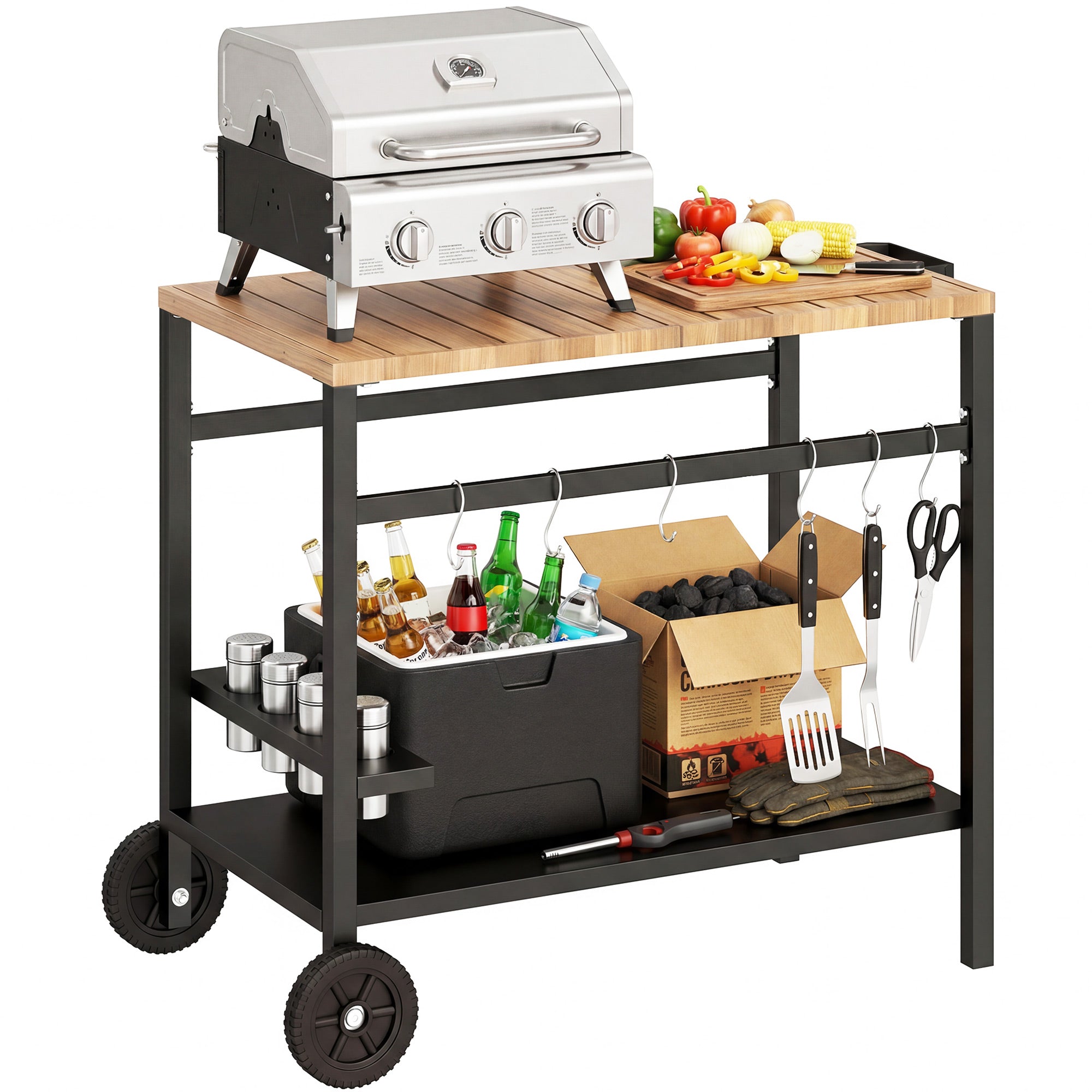Outsunny Chariot BBQ mobile 2 niveaux — plateau effet bois, porte-boissons, crochets et roulettes — Noir/Marron