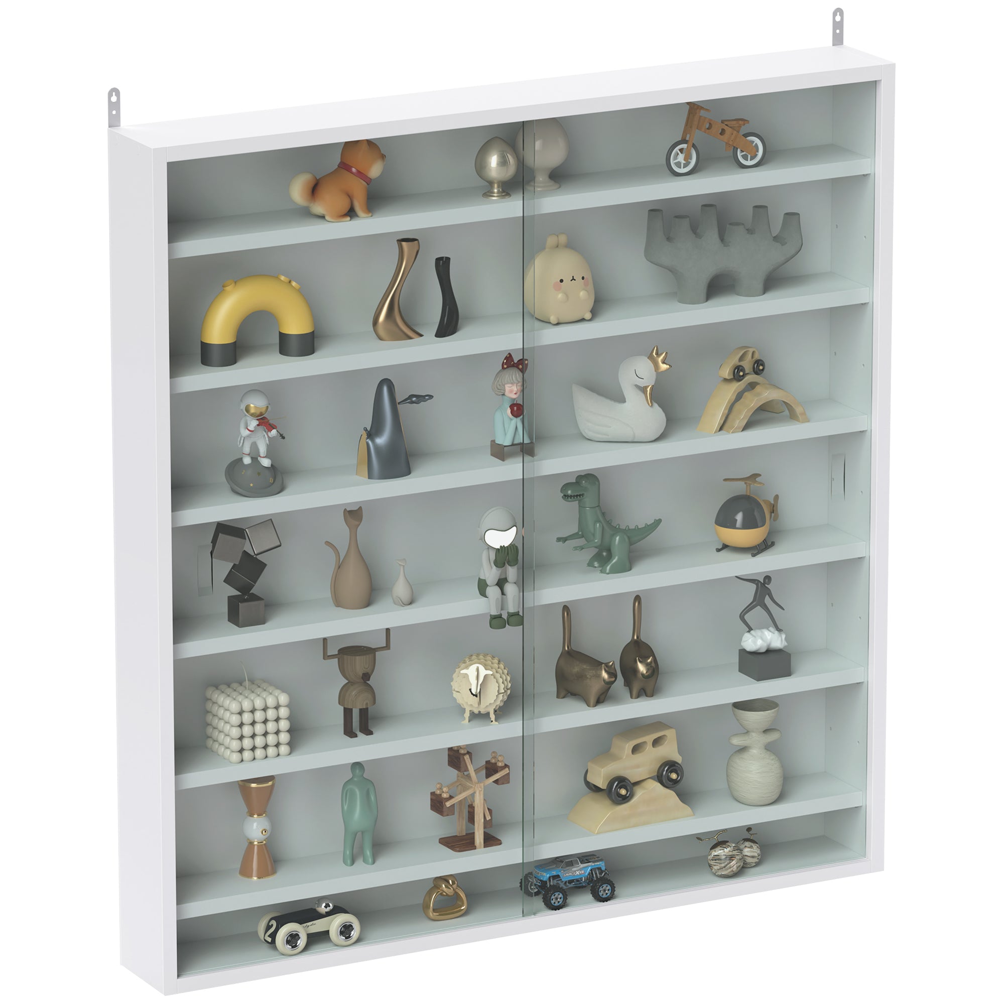 HOMCOM væghængt vitrineskab til samlerobjekter, 80 x 9,5 x 83 cm, 6 justerbare hylder, 2 skydedøre i glas, hvid — til figurer og modelbiler