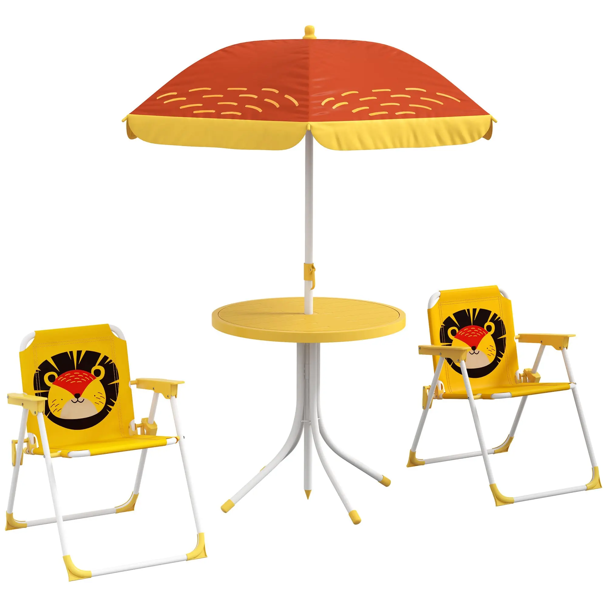 Lion Themed Children's Outdoor Table and Chair Set 2 Folding Chairs and Table with Adjustable Height Umbrella Yellow and Brown for Garden Patio