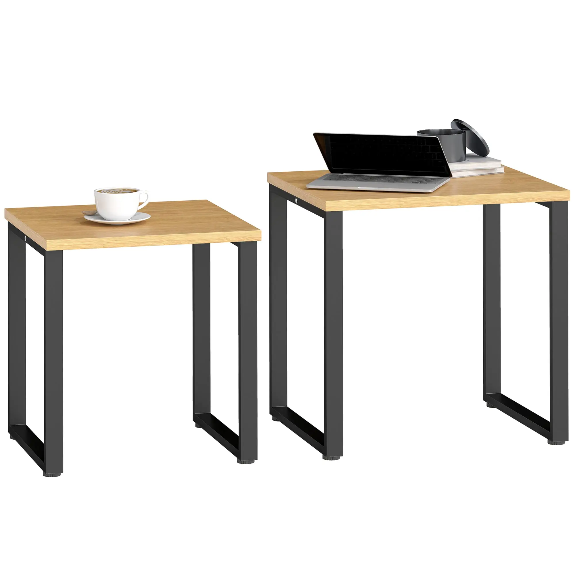2-Piece Nesting Coffee Table Set with Metal Frame, Natural Wood Finish