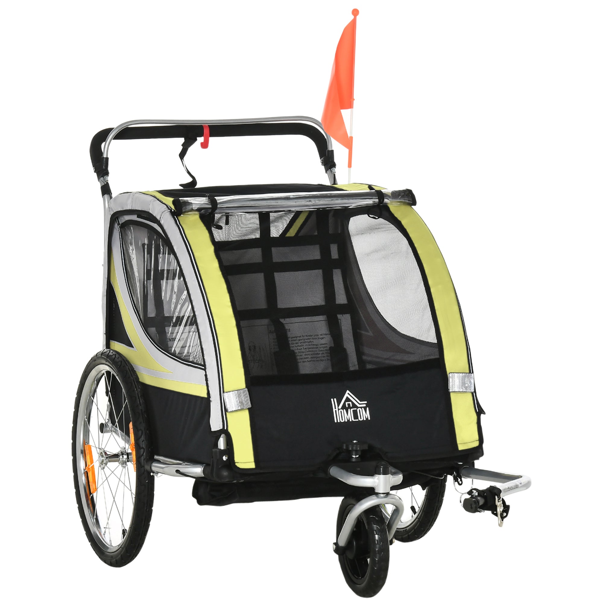 HOMCOM 2-in-1 Faltbare Kannerfahrradanhänger mat abnehmbar Vorderrad, Hannerbremsen, Fahrradanhänger fir 2 Kanner vun 18 Méint, bis 26.4 kg Kapazitéit, Giel