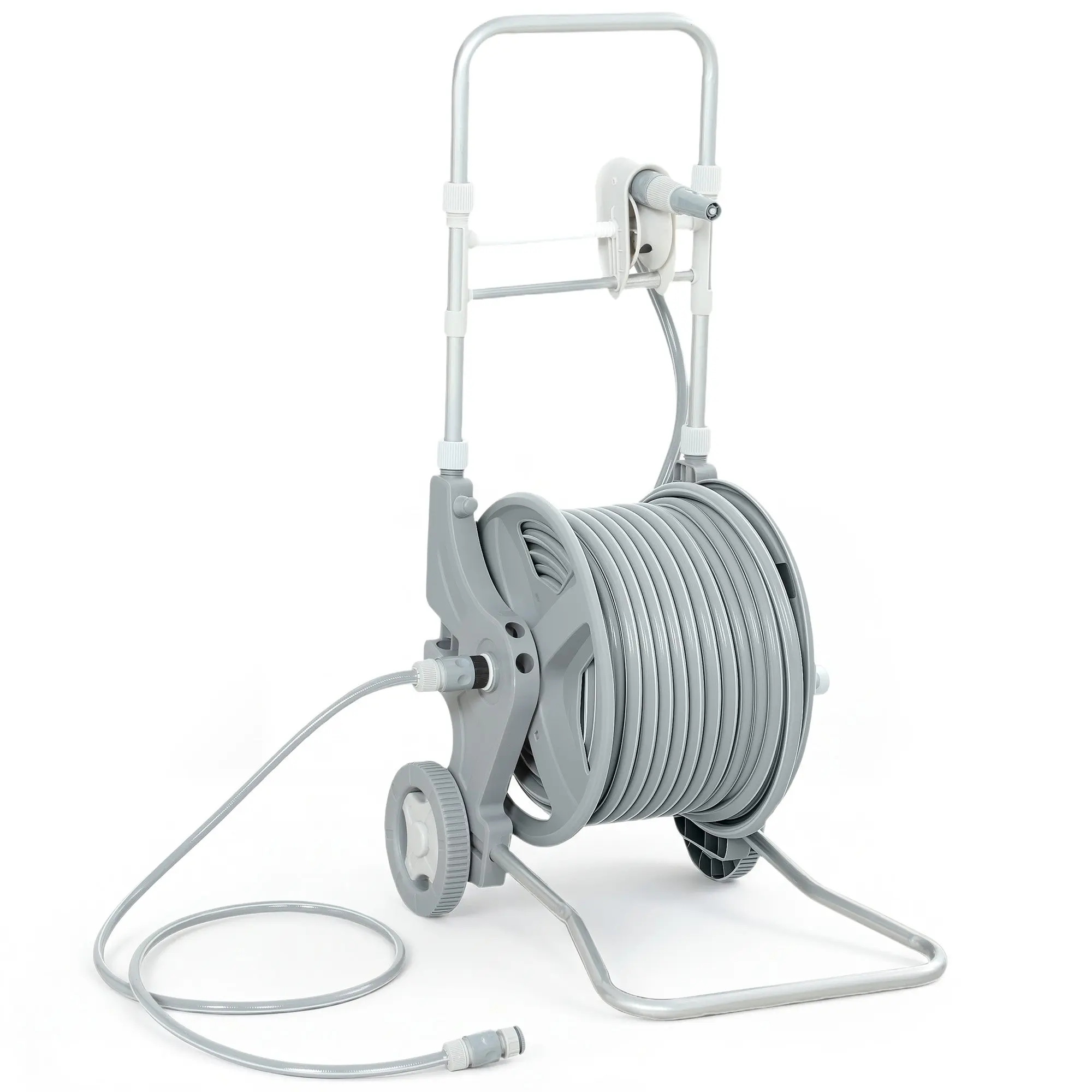 Hose Reel Cart with 148 ft Hose, 2-Mode Spray Nozzle, Faucet Adapter, Hose Guide & Crank — Garden Hose Reel for Yard & Balcony, 17.7 x 17.3 x 30.7 in, Gray