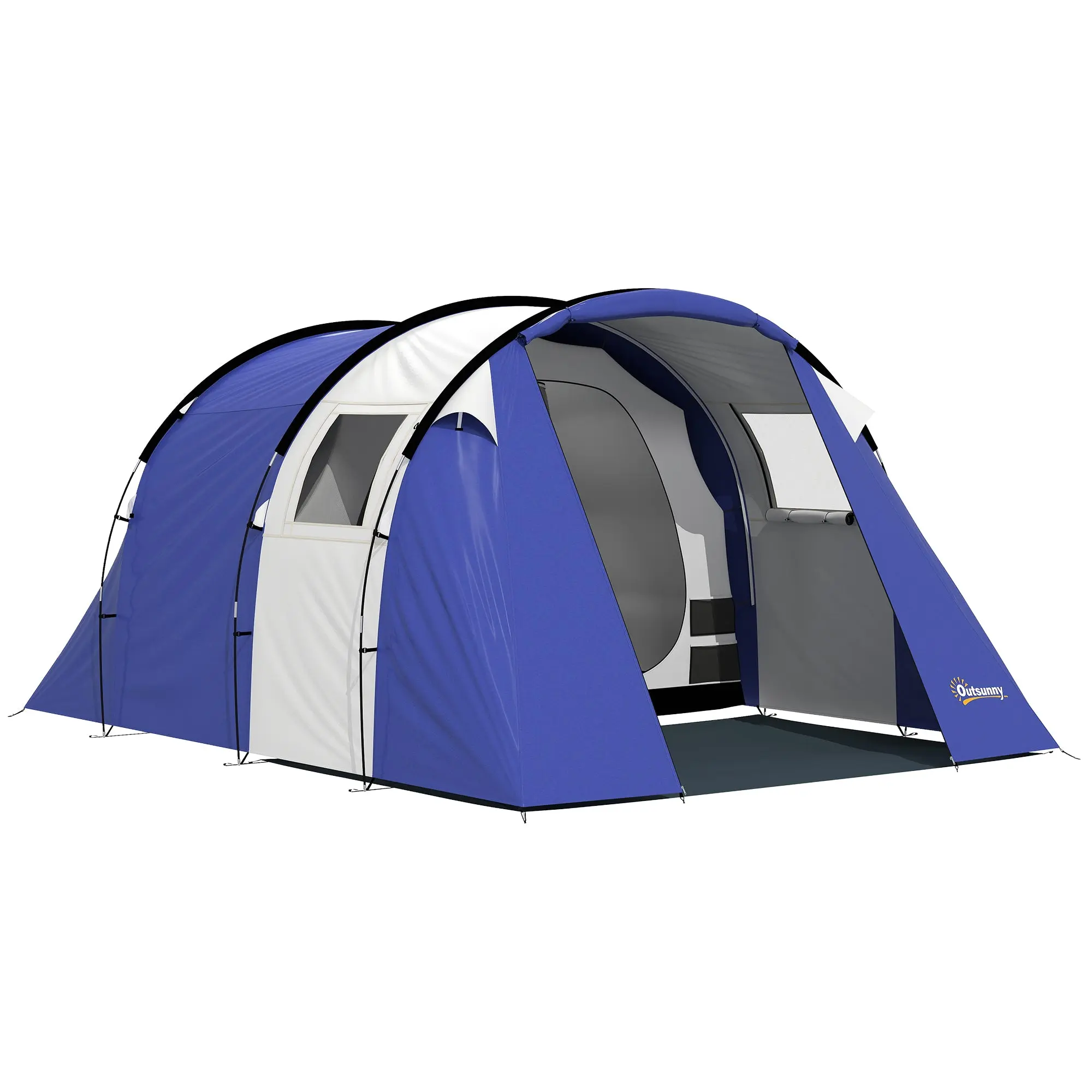 4-Person Camping Tent, 2-Room Family Tunnel Tent, 3000 mm Waterproof, Easy Setup, 3 Windows & Porch, Groundsheet & Carry Bag, Dark Blue