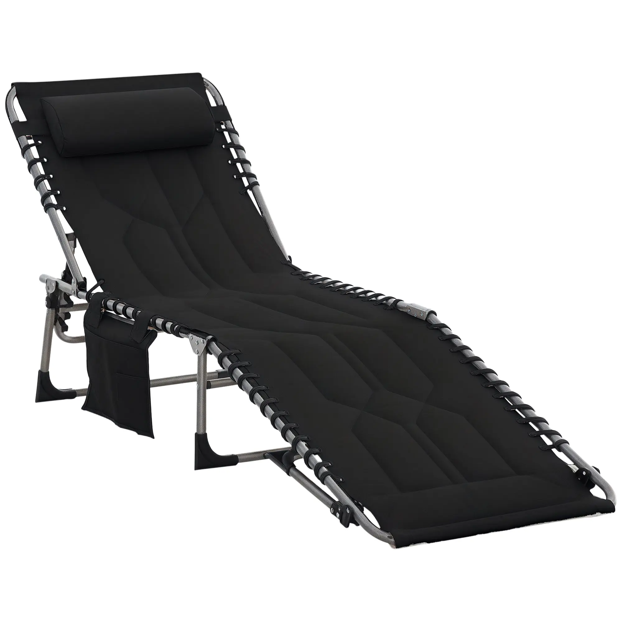 Sun Lounger, Foldable Garden Lounger with Head Pillow, Side Pocket, Recliner with 5-Position Adjustable Backrest, Weatherproof Camping Lounger up to 130 kg load capacity, for Garden Beach Pool, Black