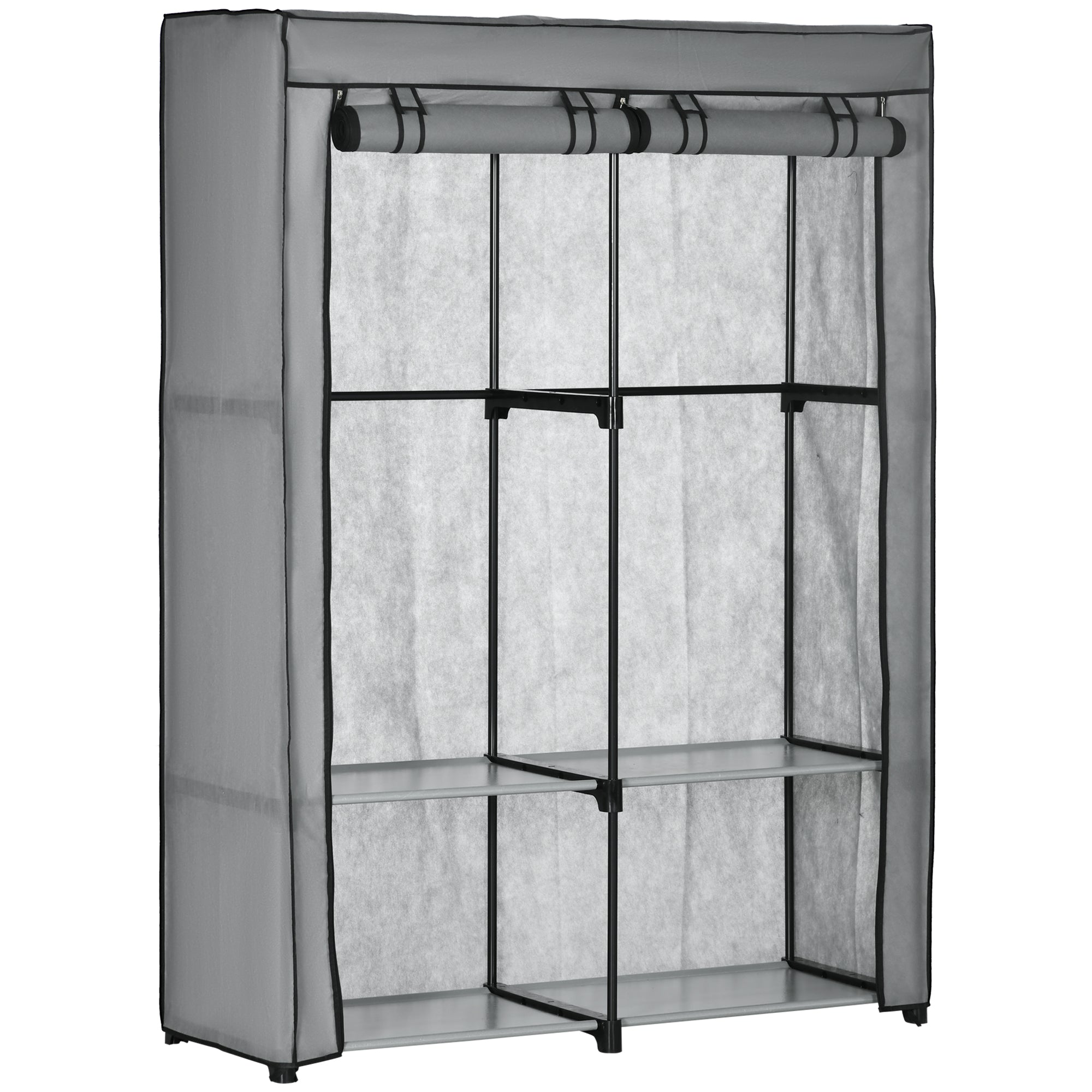 HOMCOM Stoffkleiderschrank mit 2 Kleiderstangen, 4 Regalen und Reißverschluss, Faltbarer Stoffschrank für Schlafzimmer, Ankleidezimmer, 118 x 49 x 170 cm, Hellgrau