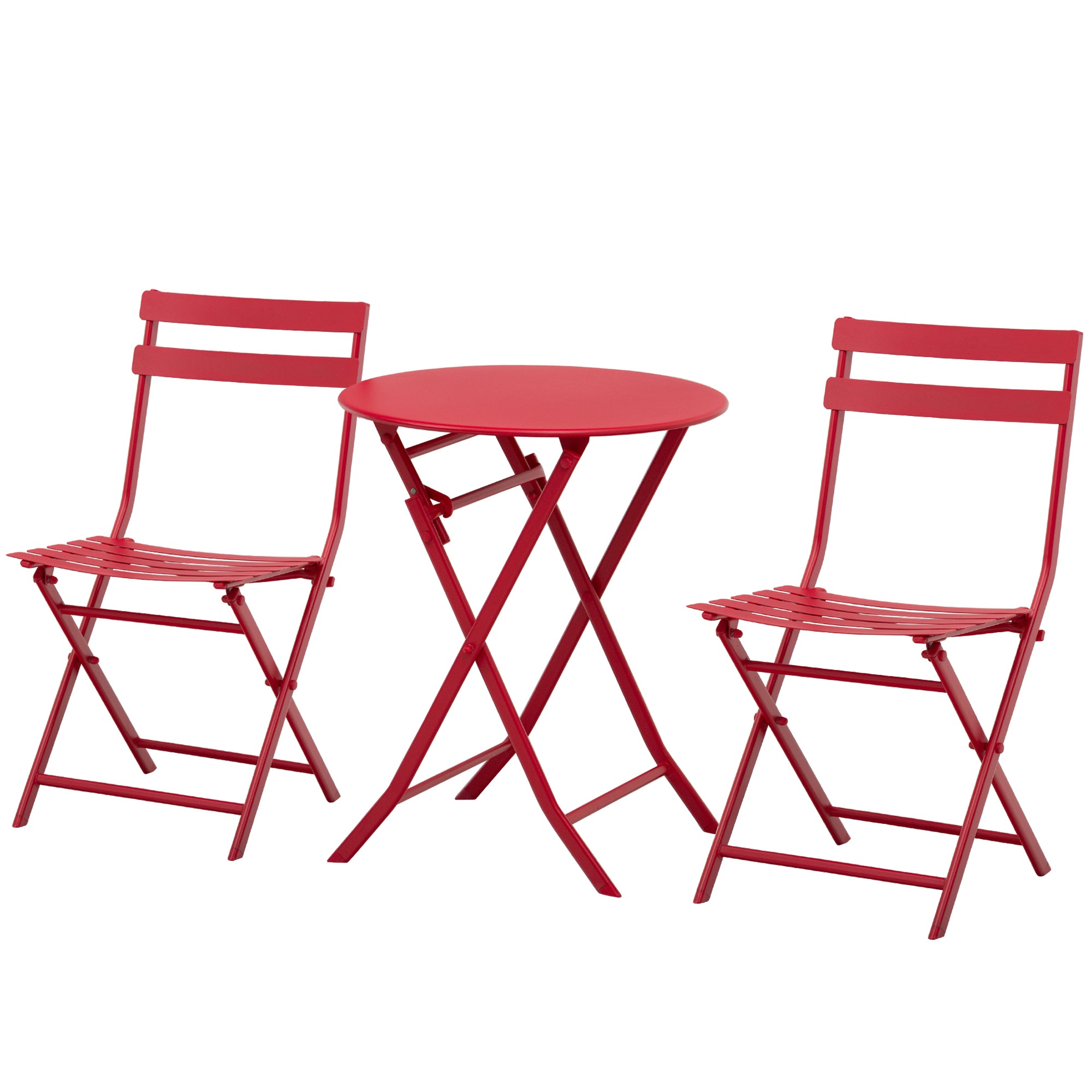 Outsunny Klapp-Bistro-Gartenmöbel-Set - runder Tisch Ø 60 cm mit 2 klappbaren Stühlen - rot pulverbeschichtetes Metall